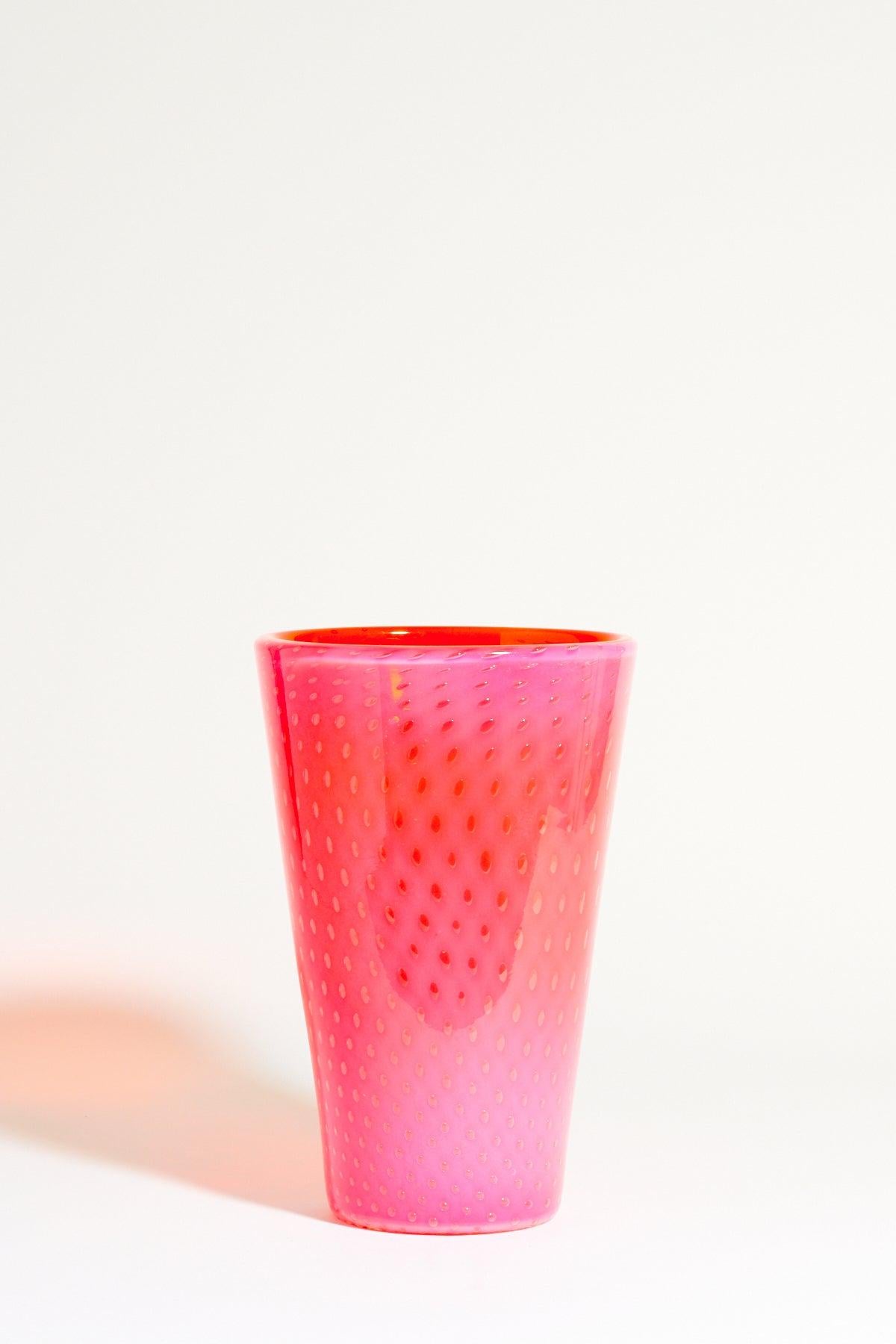 Murano deep strawberry pink layered bubble glass vase.