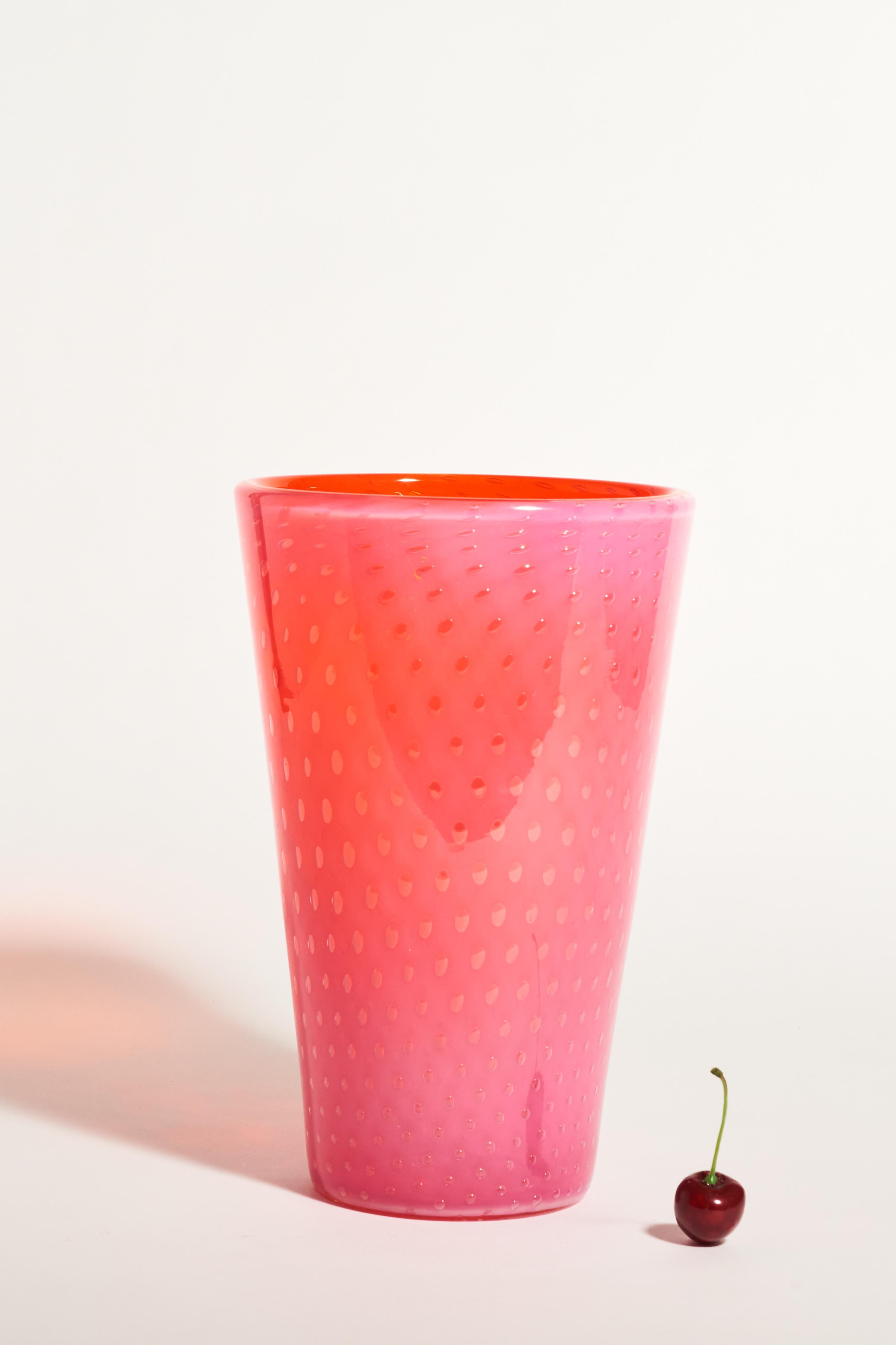 European Murano Strawberry Pink Bubble Glass Vase
