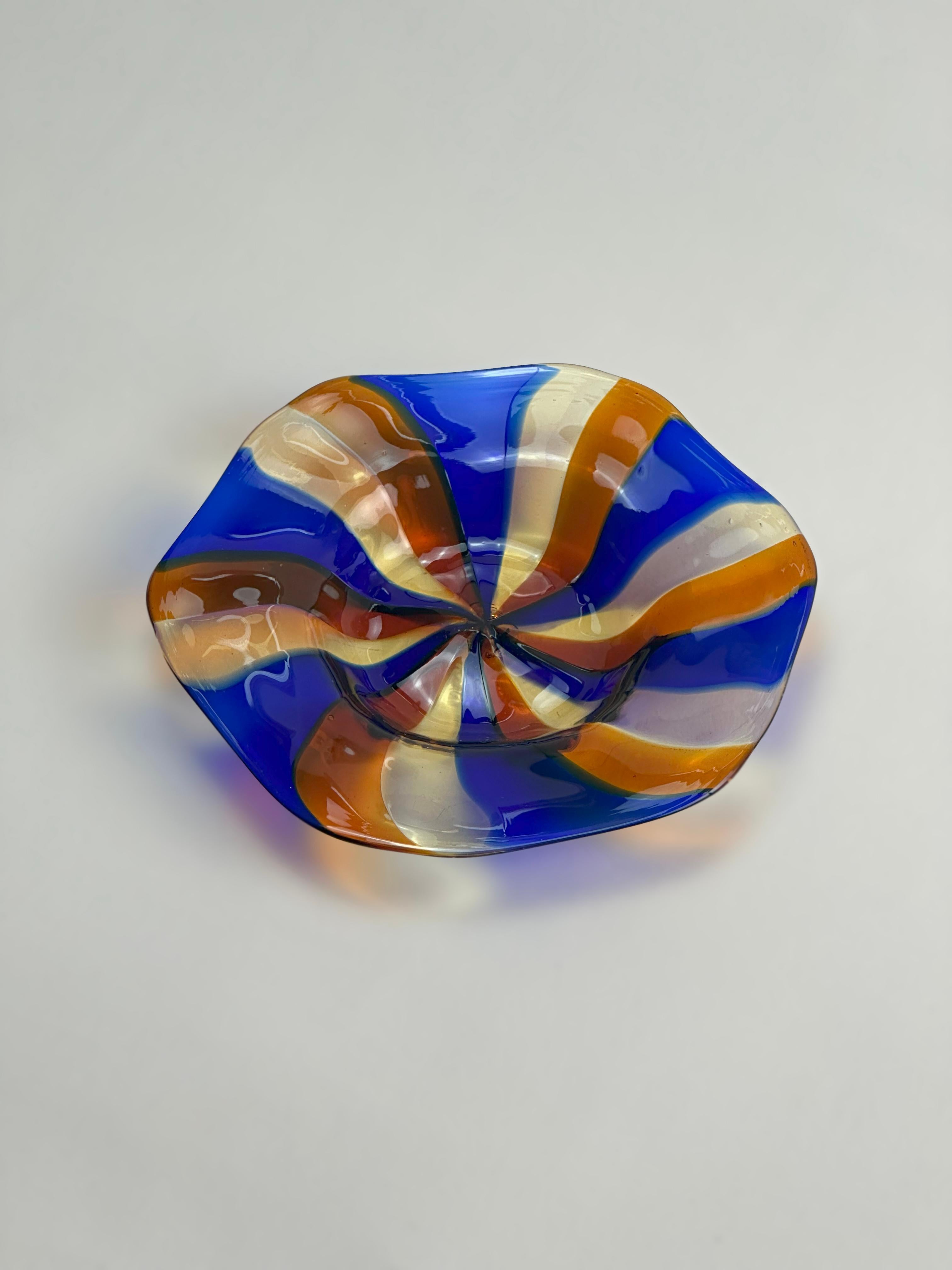Italian Murano Striped Glass Dish Attributed to Fratelli Toso, Italy, 1970s For Sale