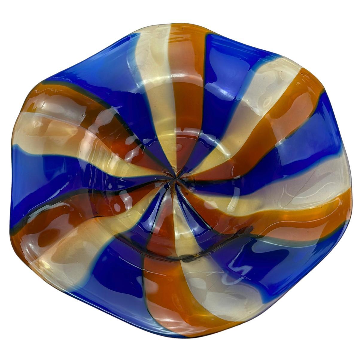 Murano Striped Glass Dish Attributed to Fratelli Toso, Italy, 1970s For Sale