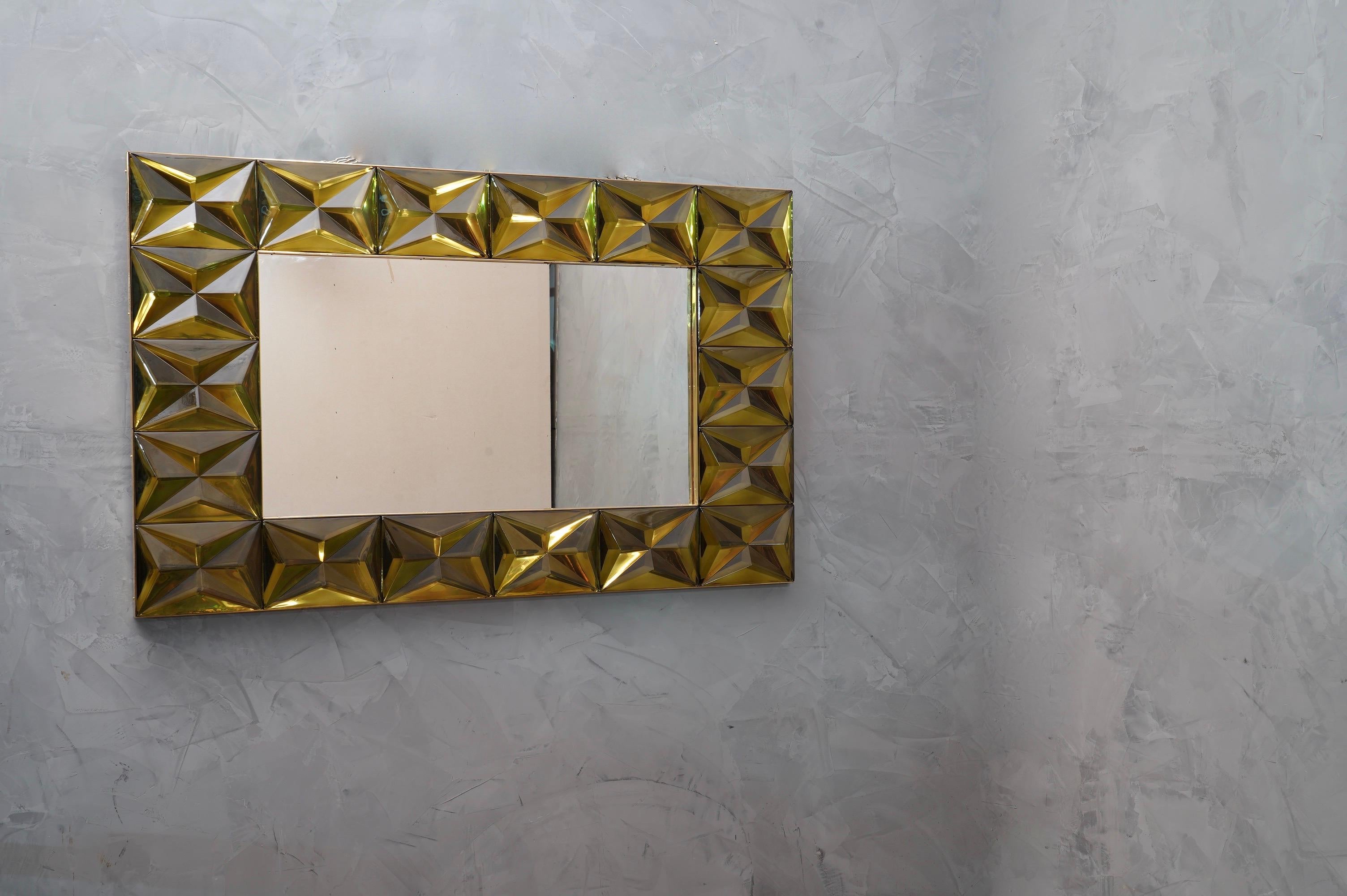 Mid-Century Modern Murano Strong Olive Green Glass and Brass Console Wall Mirror, 2019