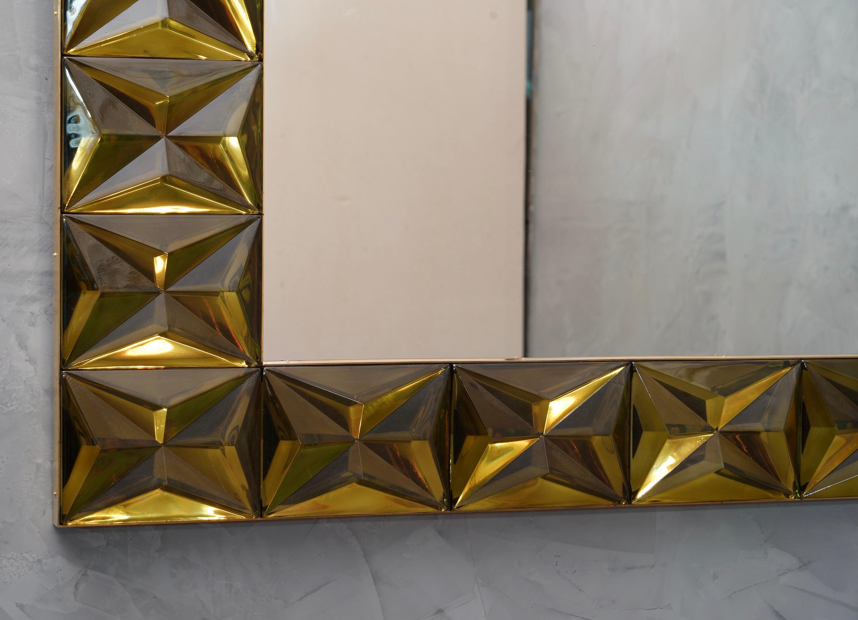 Italian Murano Strong Olive Green Glass and Brass Console Wall Mirror, 2019