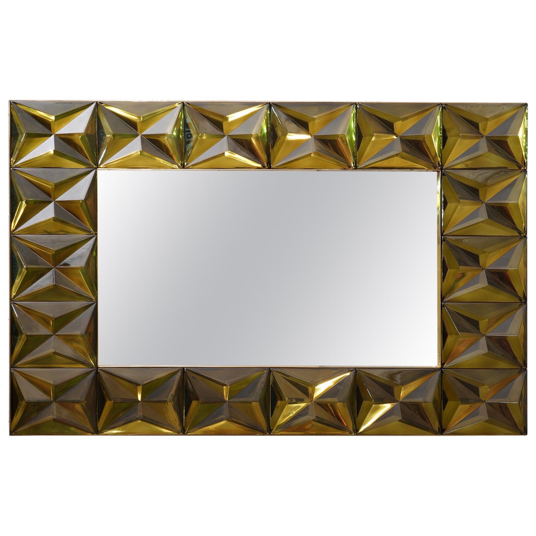 Murano Strong Olive Green Glass and Brass Console Wall Mirror, 2019
