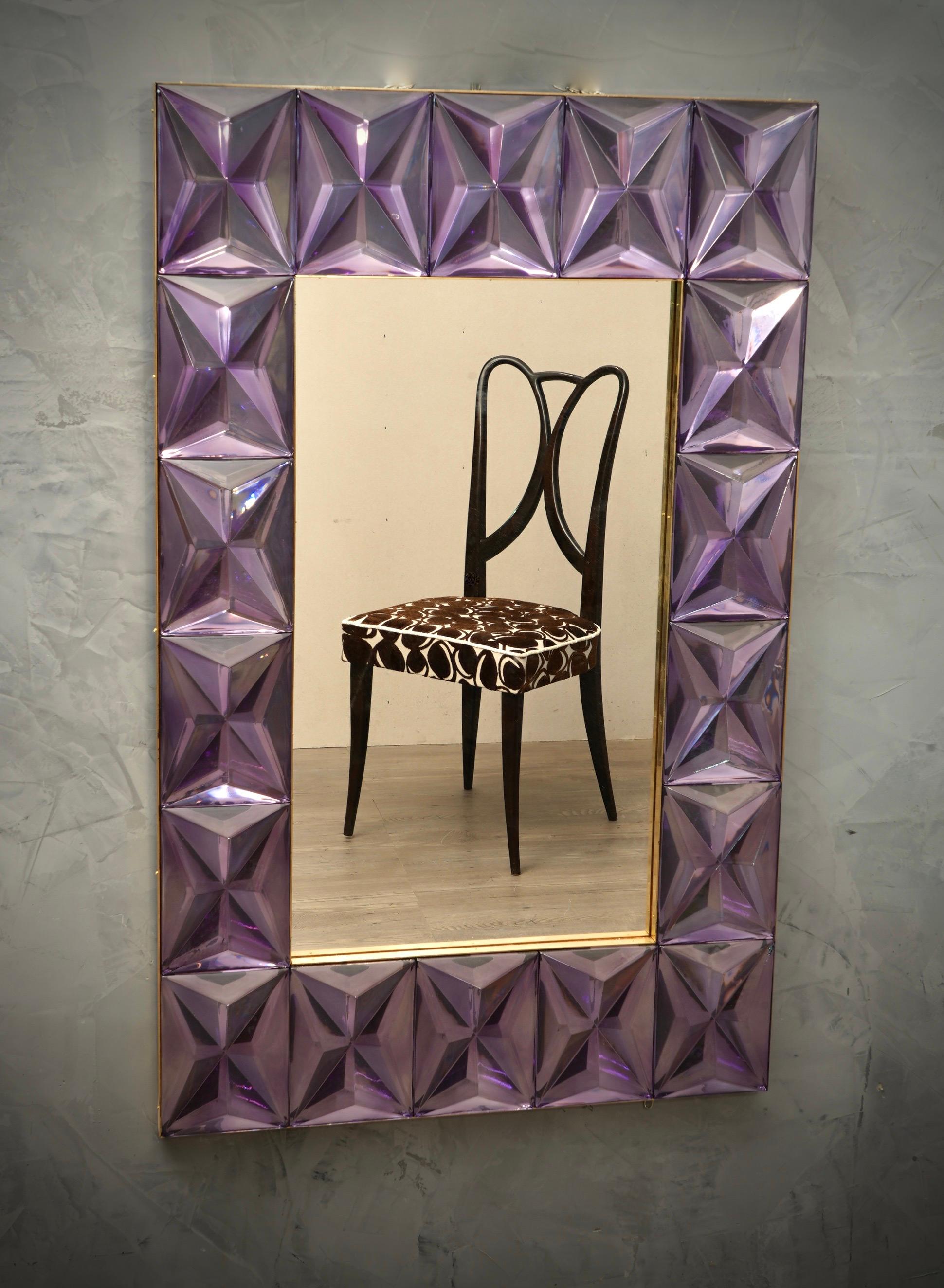 Murano Strong Violet Glass and Brass Console Wall Mirror, 2019 For Sale 2