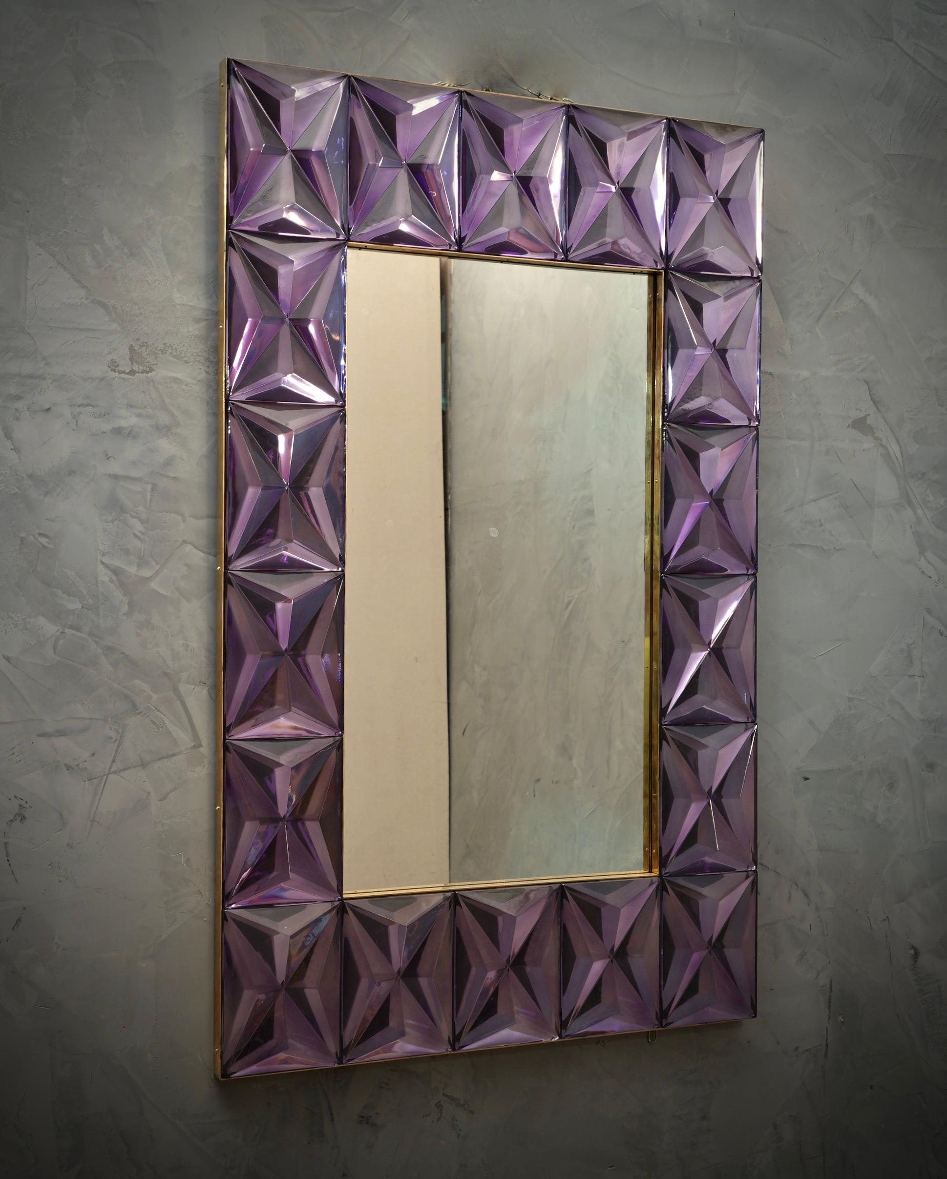 Murano Strong Violet Glass and Brass Console Wall Mirror, 2019 For Sale 3