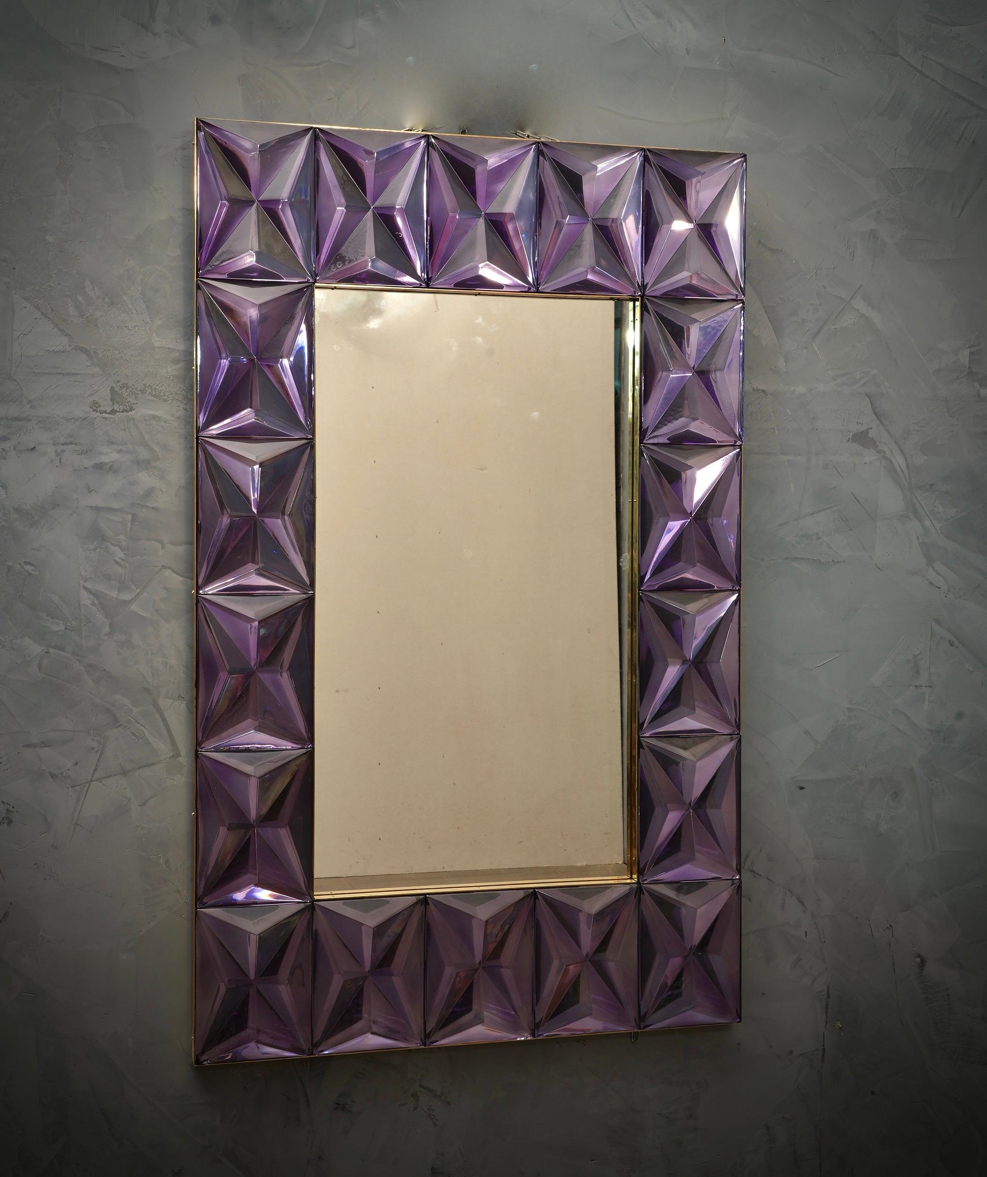 Contemporary Murano Strong Violet Glass and Brass Console Wall Mirror, 2019 For Sale