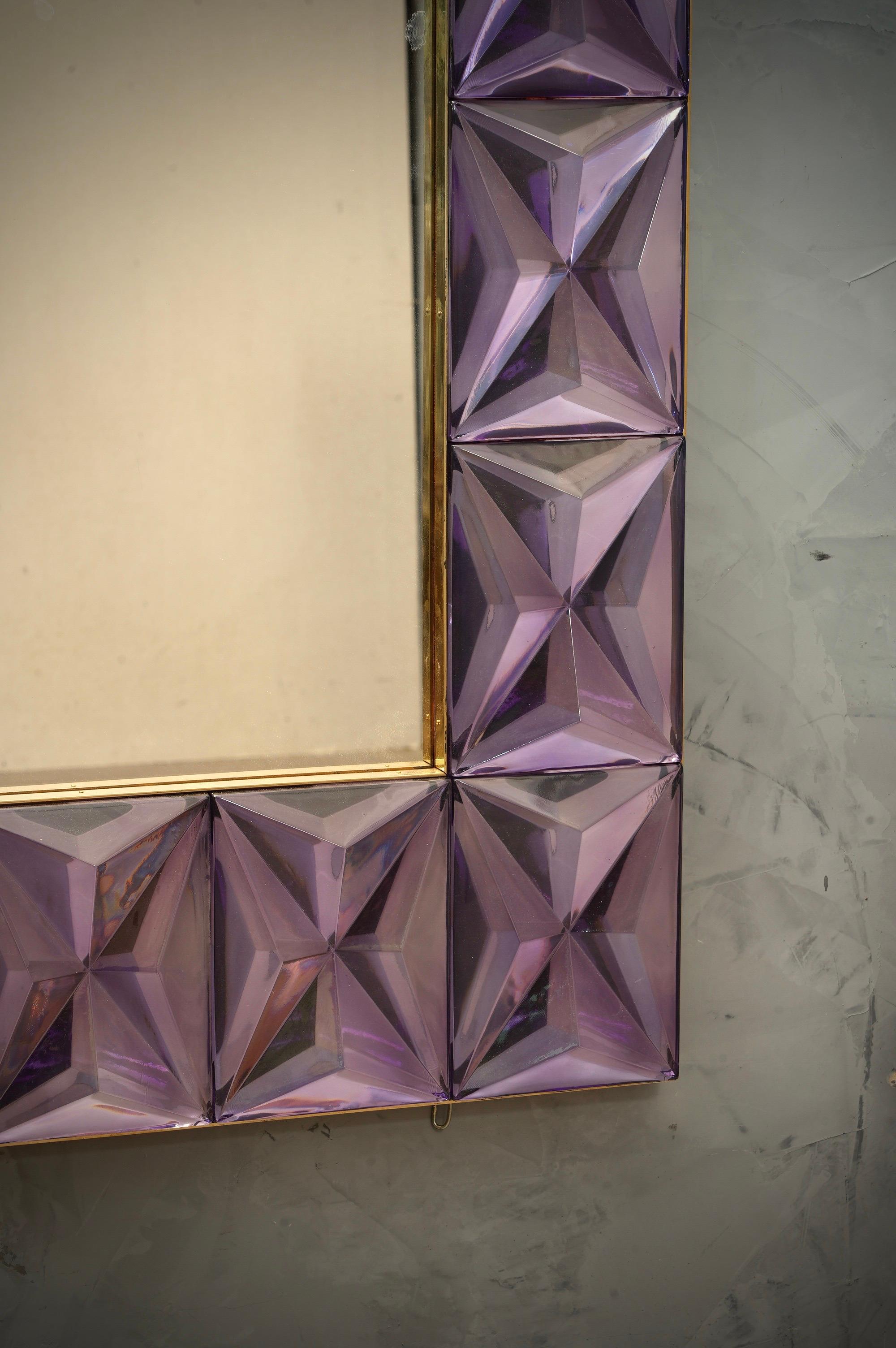 Italian Murano Strong Violet Glass and Brass Console Wall Mirror, 2019 For Sale