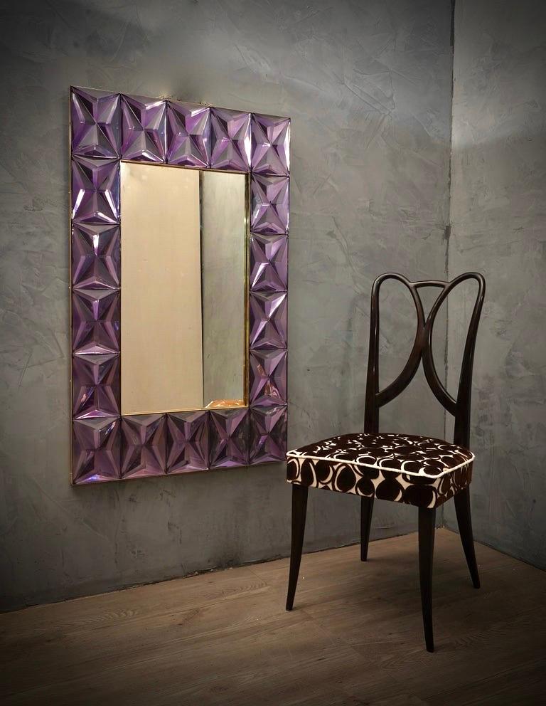 Mid-Century Modern Murano Strong Violet Glass and Brass Console Wall Mirror, 2019 For Sale