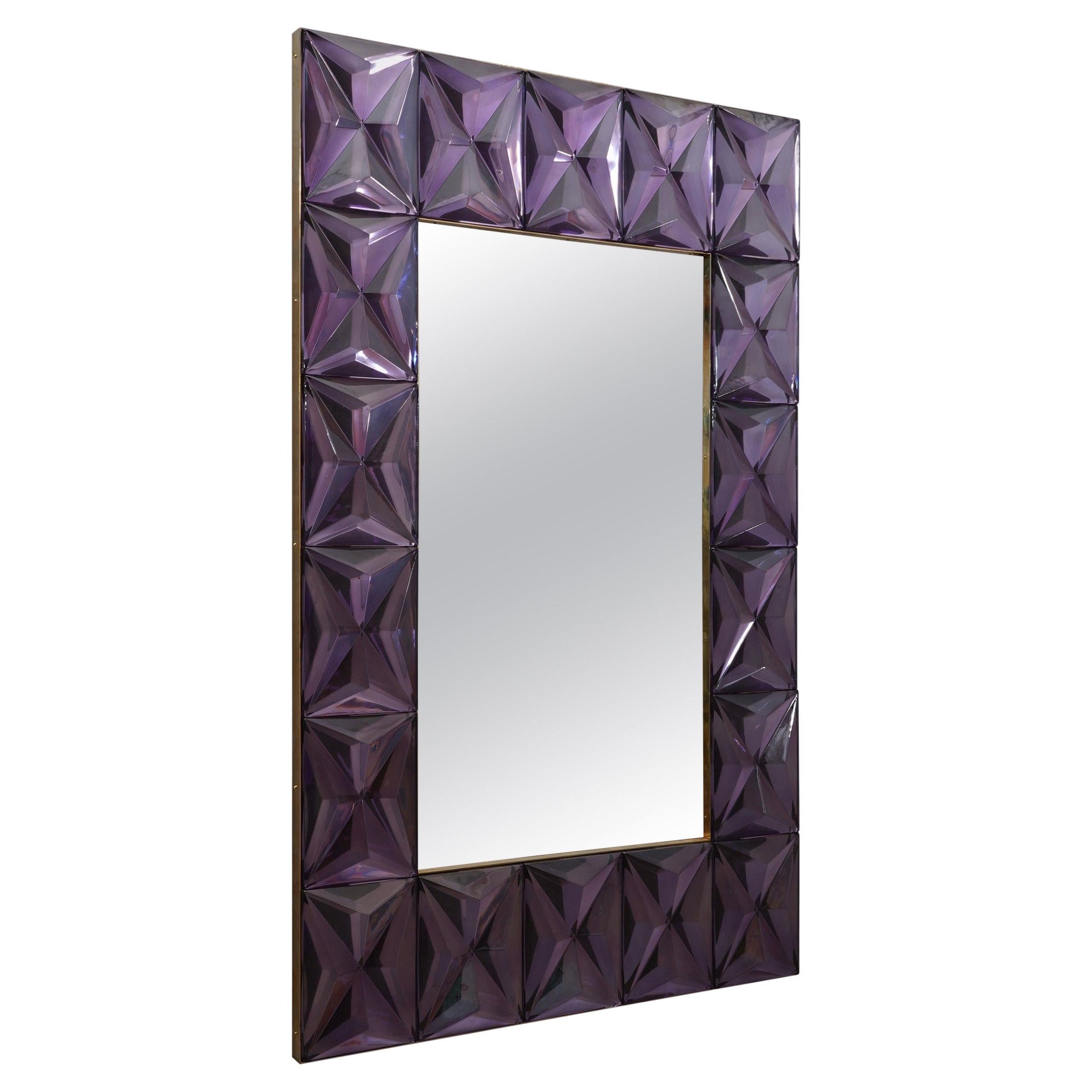 Specchio da parete con console in ottone e vetro viola forte di Murano, 2019