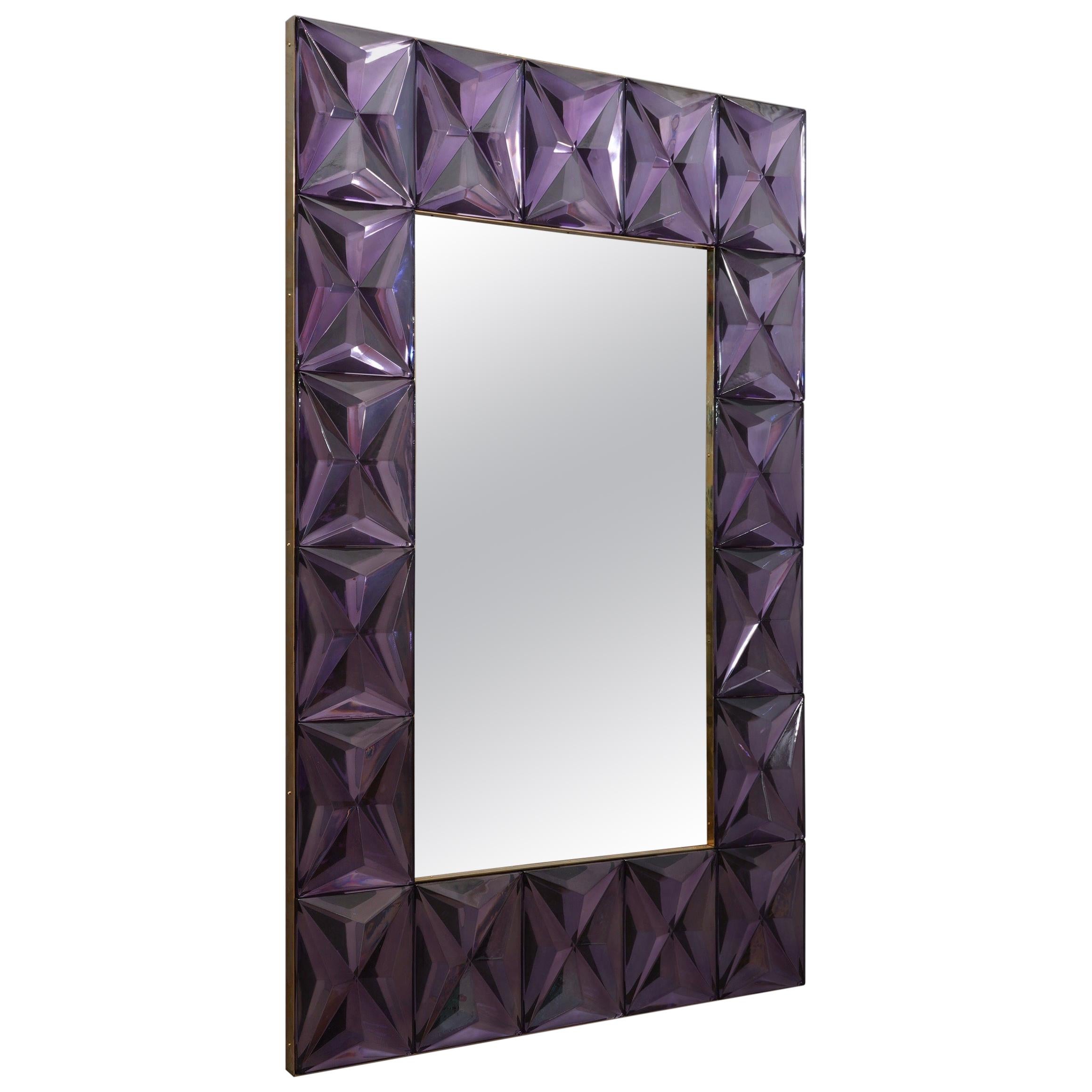 Murano Strong Violet Glass and Brass Wall Mirror, 2019