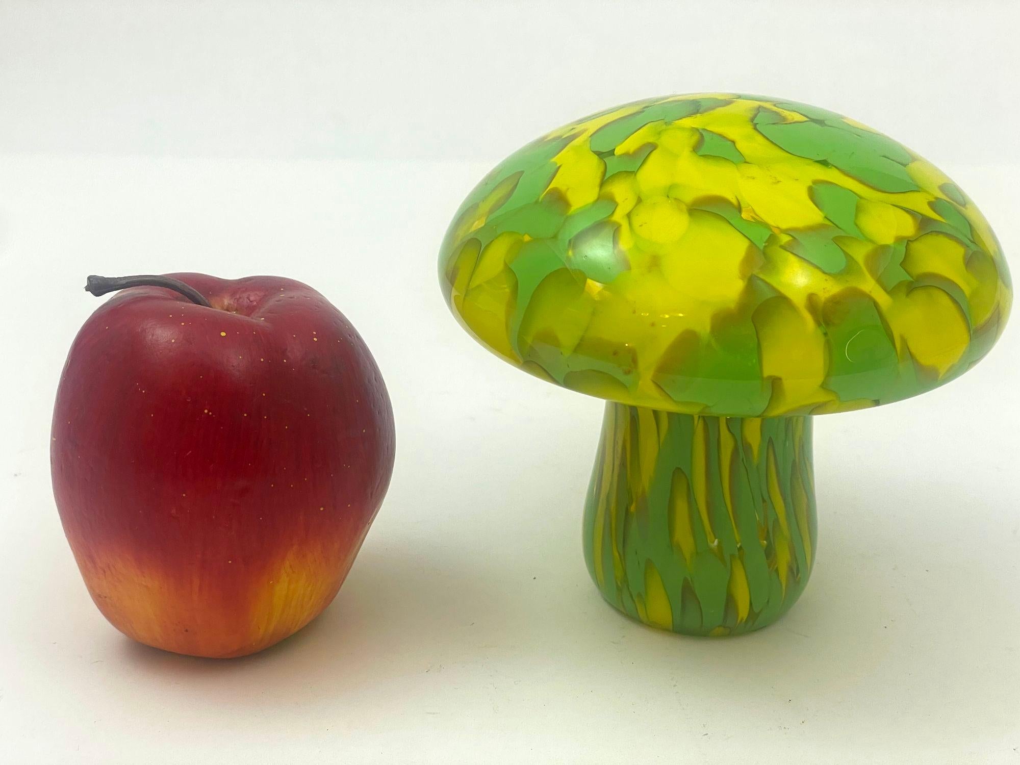 Post-Modern Murano Style Art Glass Mushroom Toadstool Paperweight Green and Yellow 1980s For Sale