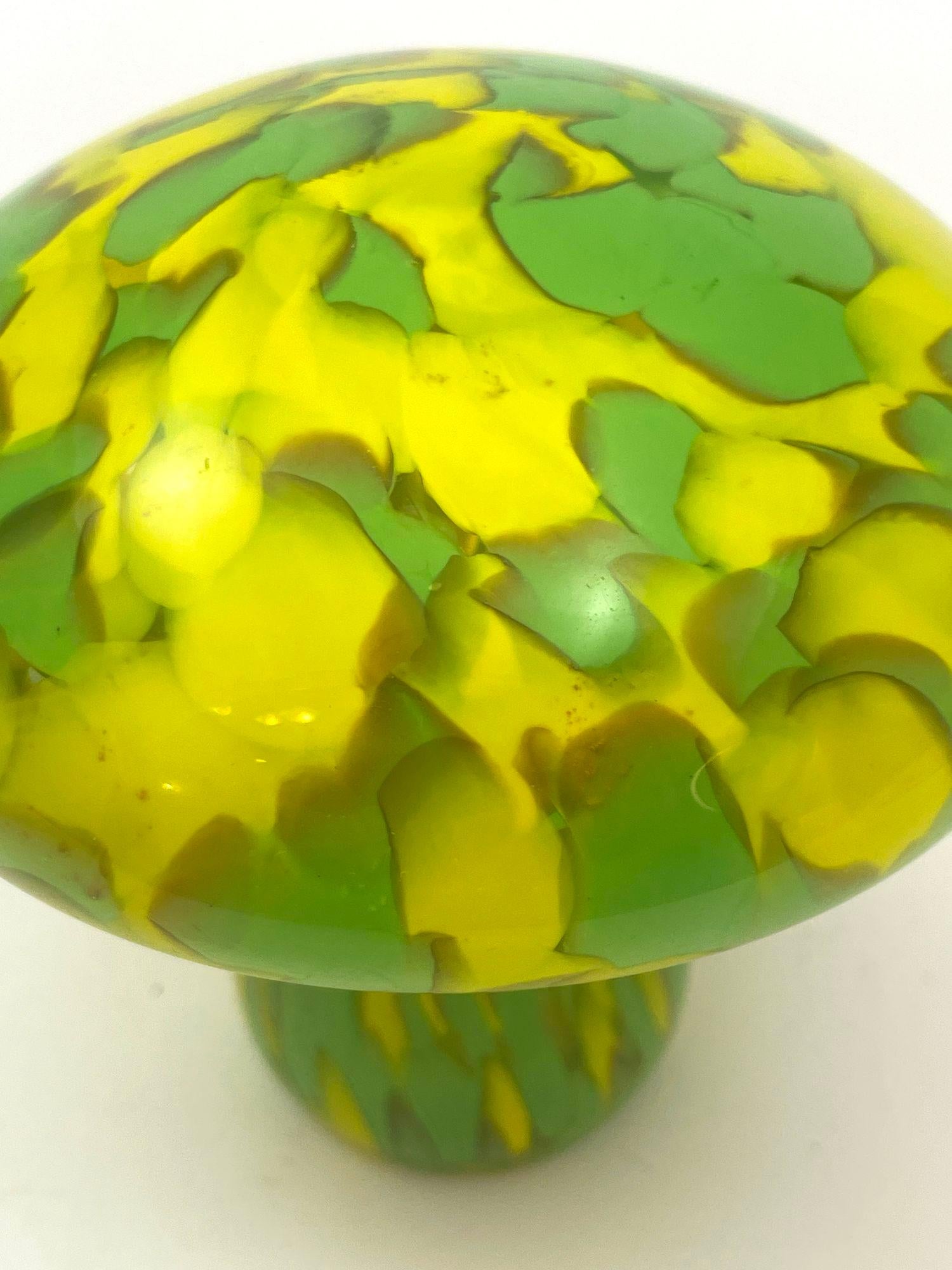 Hand-Crafted Murano Style Art Glass Mushroom Toadstool Paperweight Green and Yellow 1980s For Sale