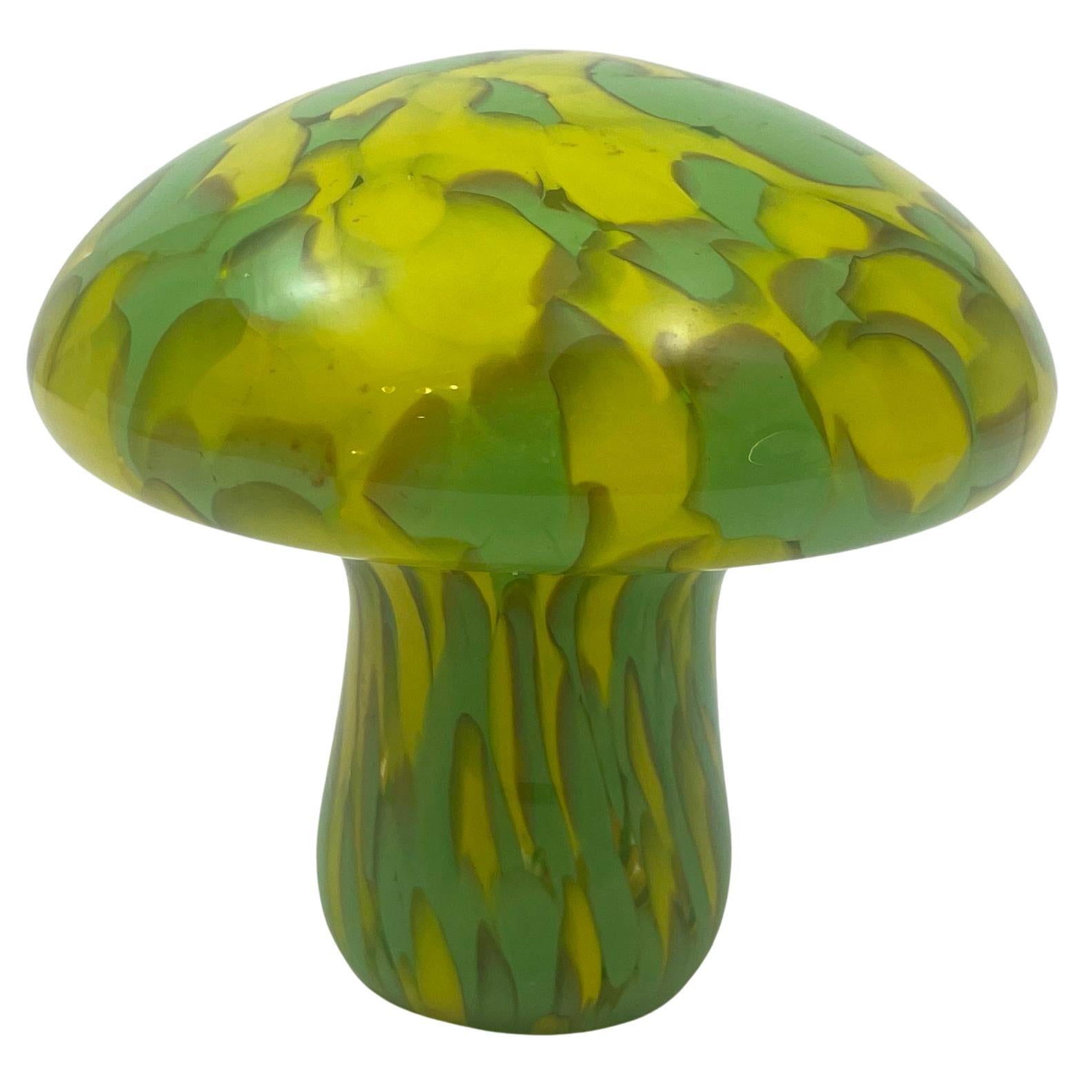 Murano Style Art Glass Mushroom Toadstool Paperweight Green and Yellow 1980s