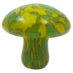 Murano Style Art Glass Mushroom Toadstool Paperweight Green and Yellow 1980s