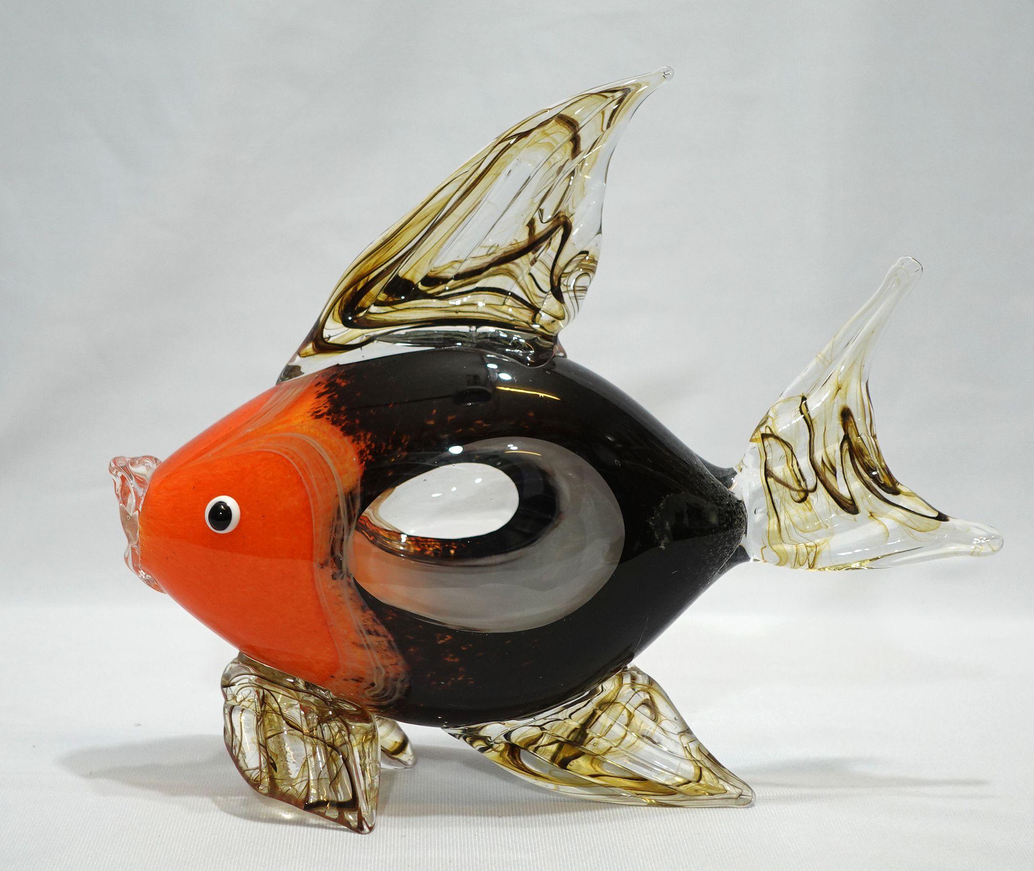 A large and heavy Murano Style Art Glass Tropical Fish with block, orange and clear colors. 