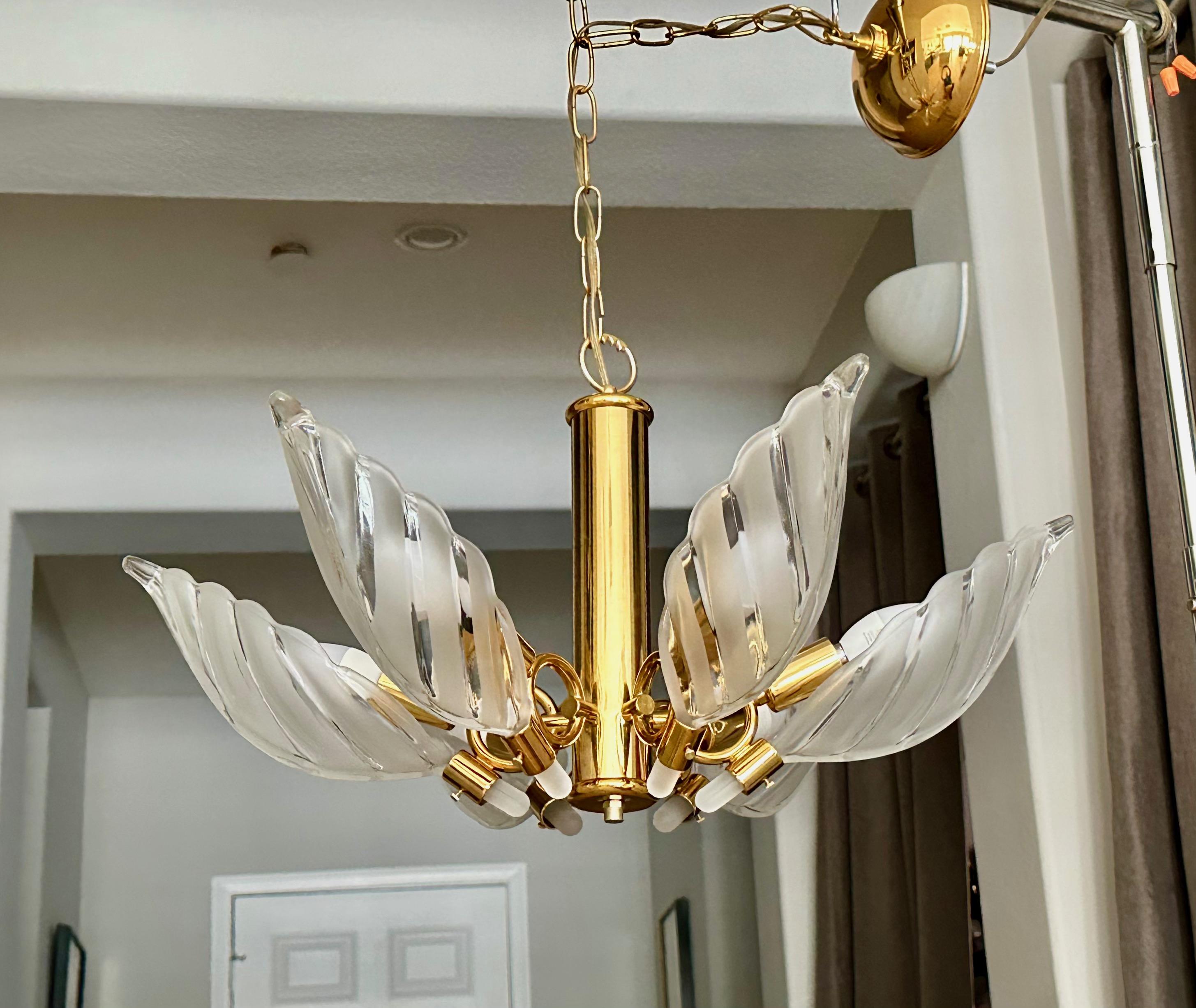 Brass Murano Style Glass Leaf Pendant Light Chandelier For Sale