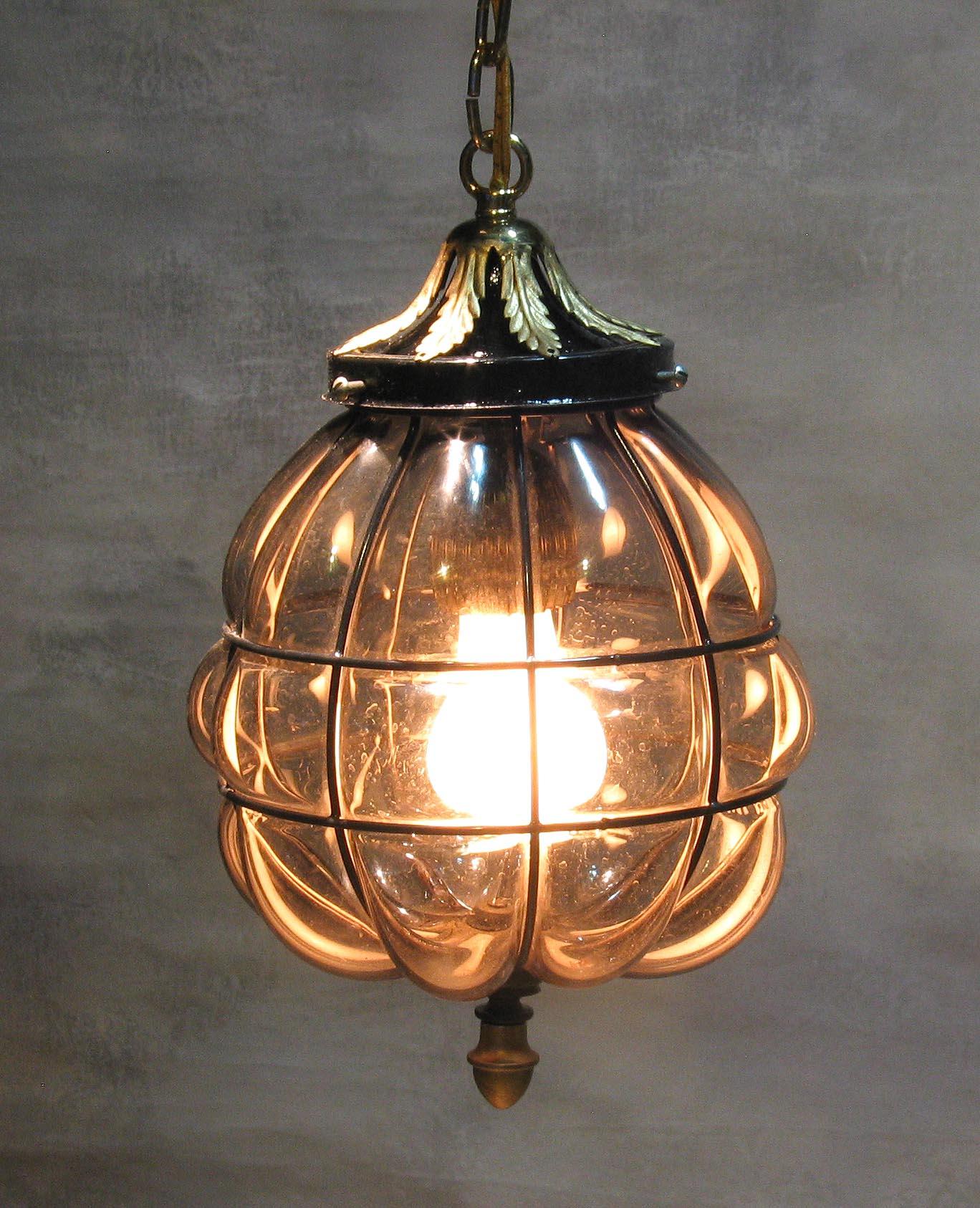 Mid-Century Modern Murano Style Hand Blown Caged Smoked Glass Hanging Hall Lantern Mid-20th Century For Sale