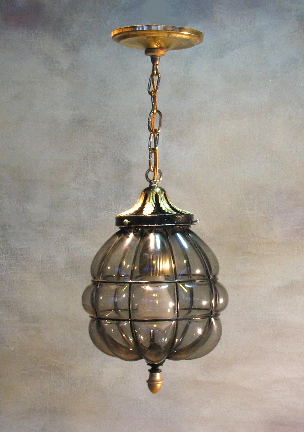 Italian Murano Style Hand Blown Caged Smoked Glass Hanging Hall Lantern Mid-20th Century For Sale