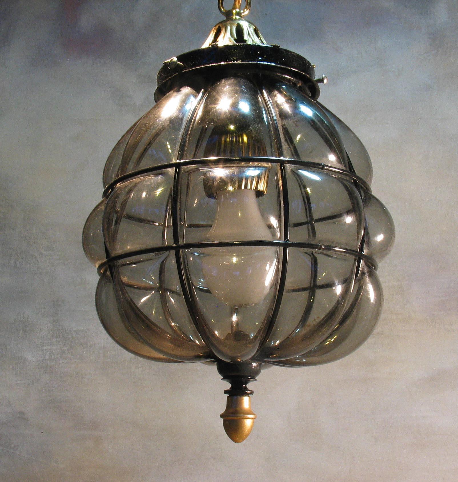 Hand-Crafted Murano Style Hand Blown Caged Smoked Glass Hanging Hall Lantern Mid-20th Century For Sale
