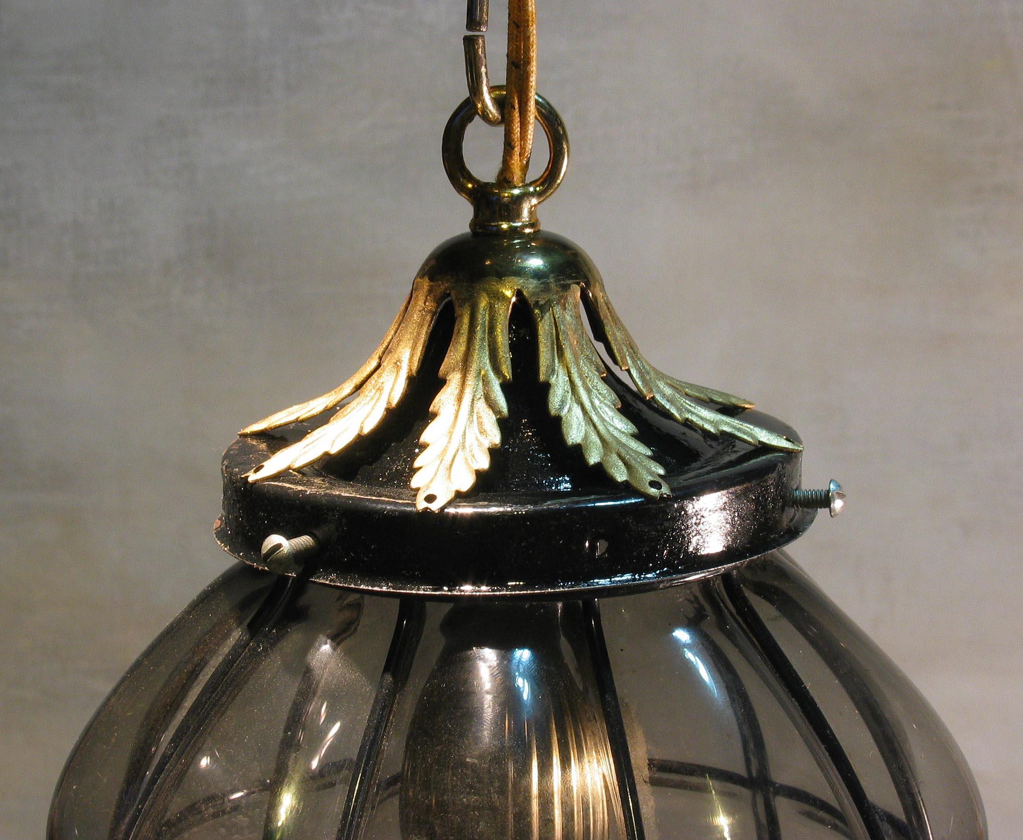 Murano Style Hand Blown Caged Smoked Glass Hanging Hall Lantern Mid-20th Century In Good Condition For Sale In Ottawa, Ontario