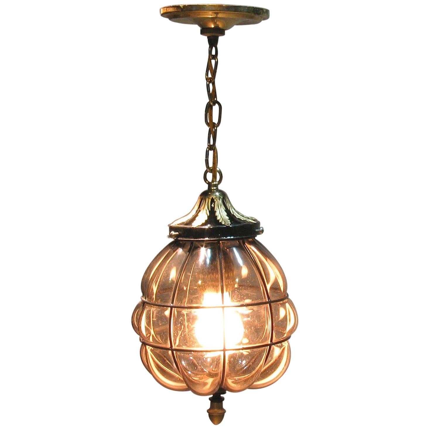 Murano Style Hand Blown Caged Smoked Glass Hanging Hall Lantern Mid-20th Century For Sale