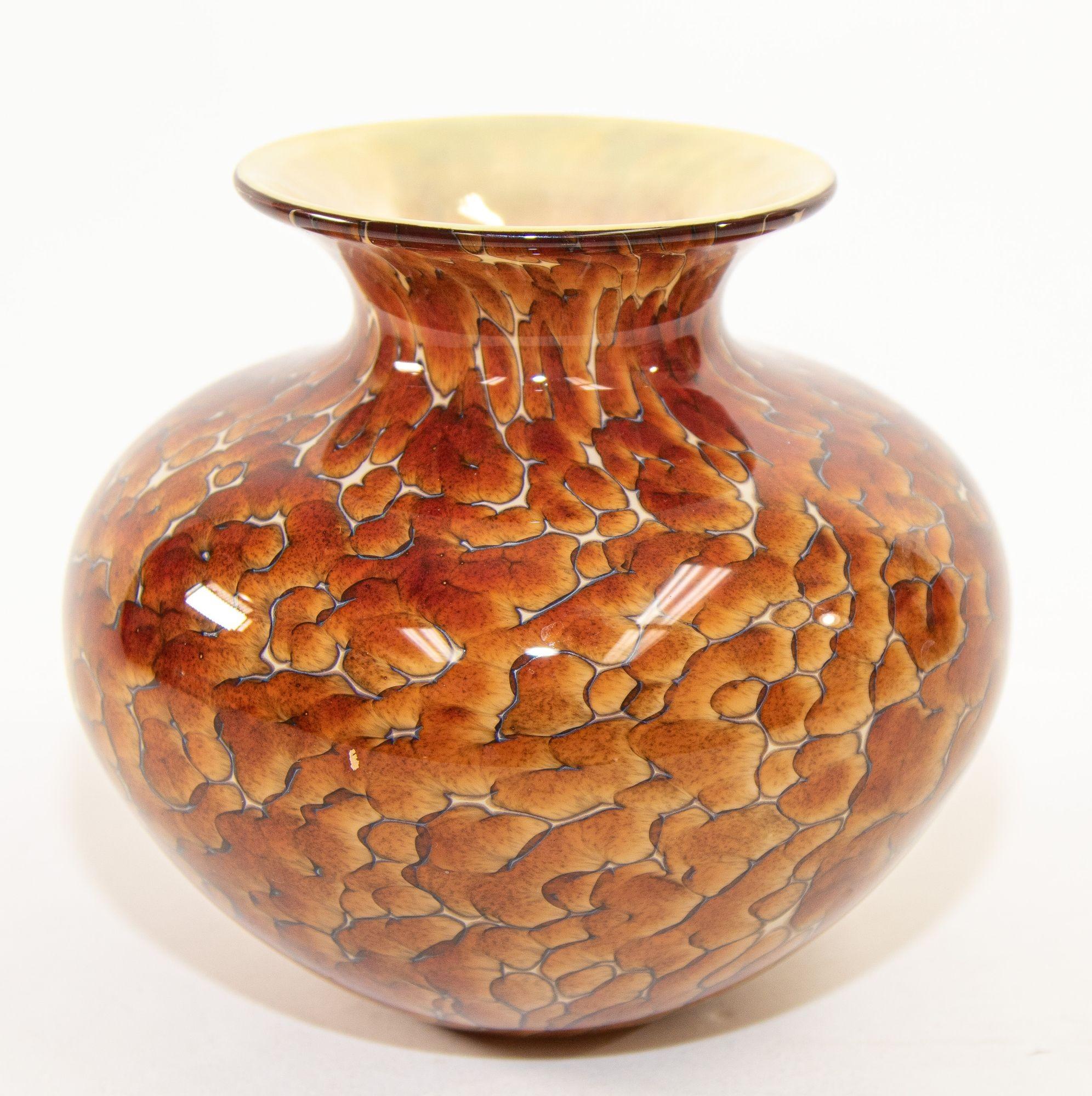 Murano Style Leopard Tortoise Brown and Beige Signed Art Glass Large Vase For Sale 5