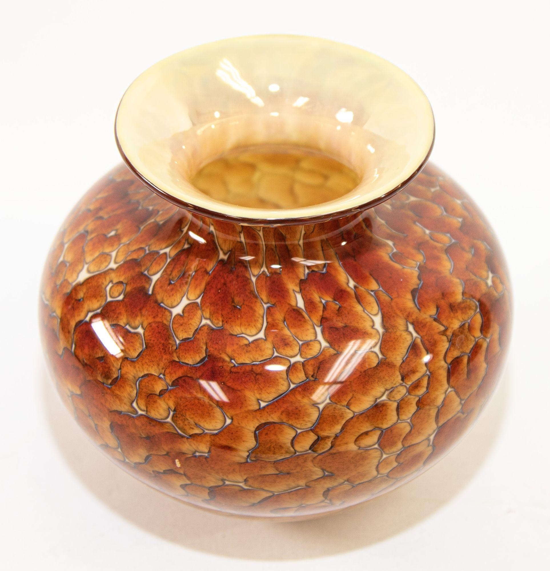 Organic Modern Murano Style Leopard Tortoise Brown and Beige Signed Art Glass Large Vase For Sale