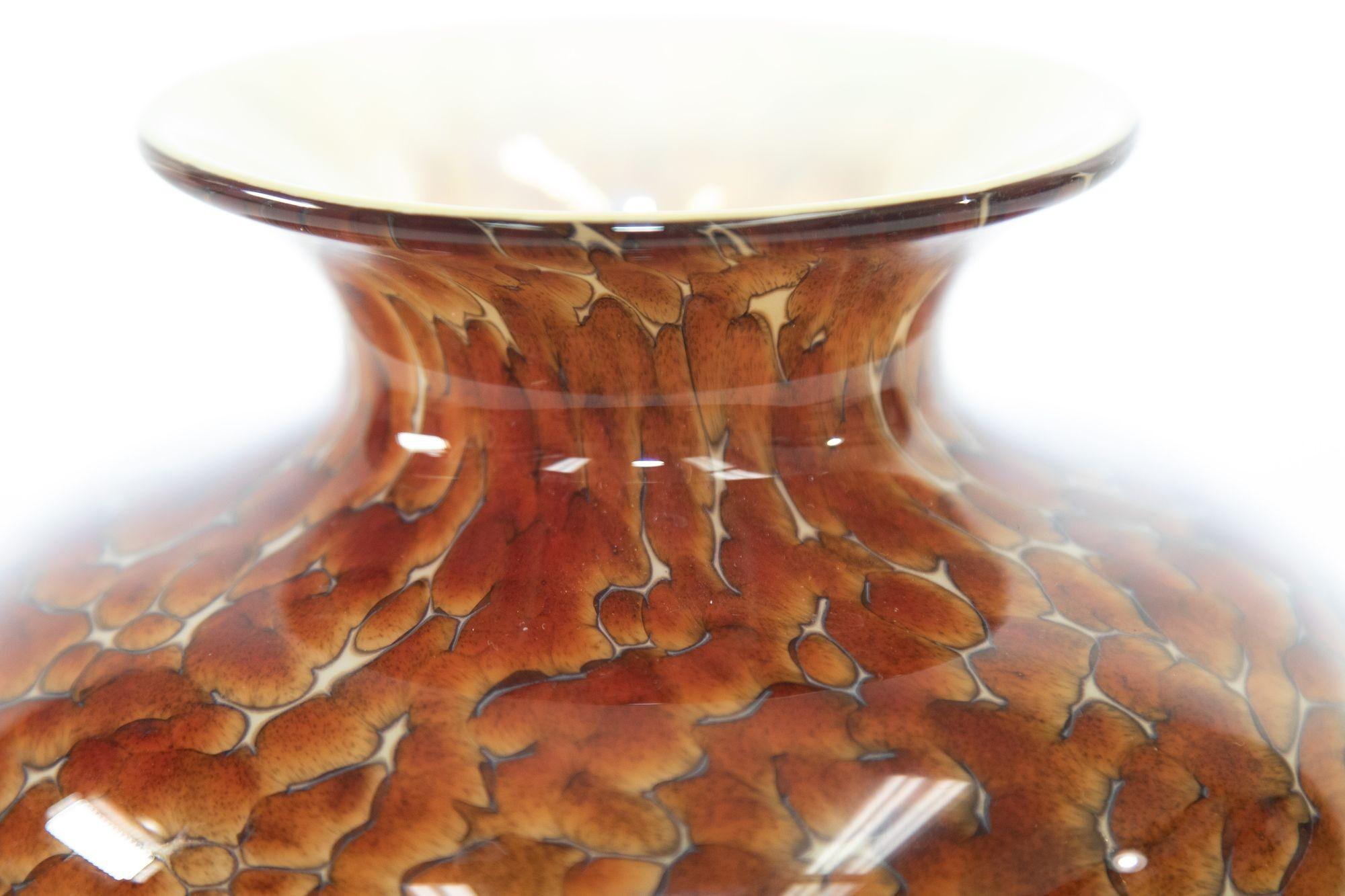 Hand-Carved Murano Style Leopard Tortoise Brown and Beige Signed Art Glass Large Vase For Sale