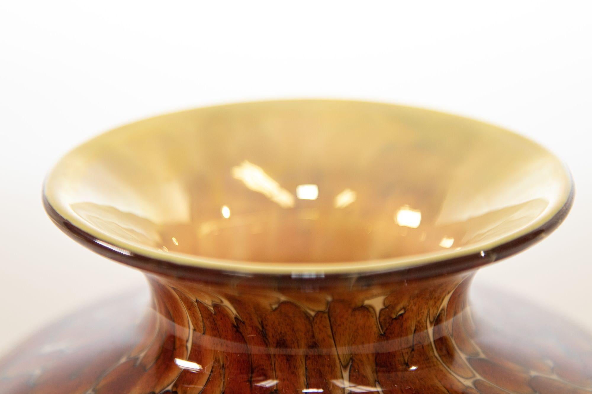Murano Style Leopard Tortoise Brown and Beige Signed Art Glass Large Vase In Good Condition For Sale In North Hollywood, CA