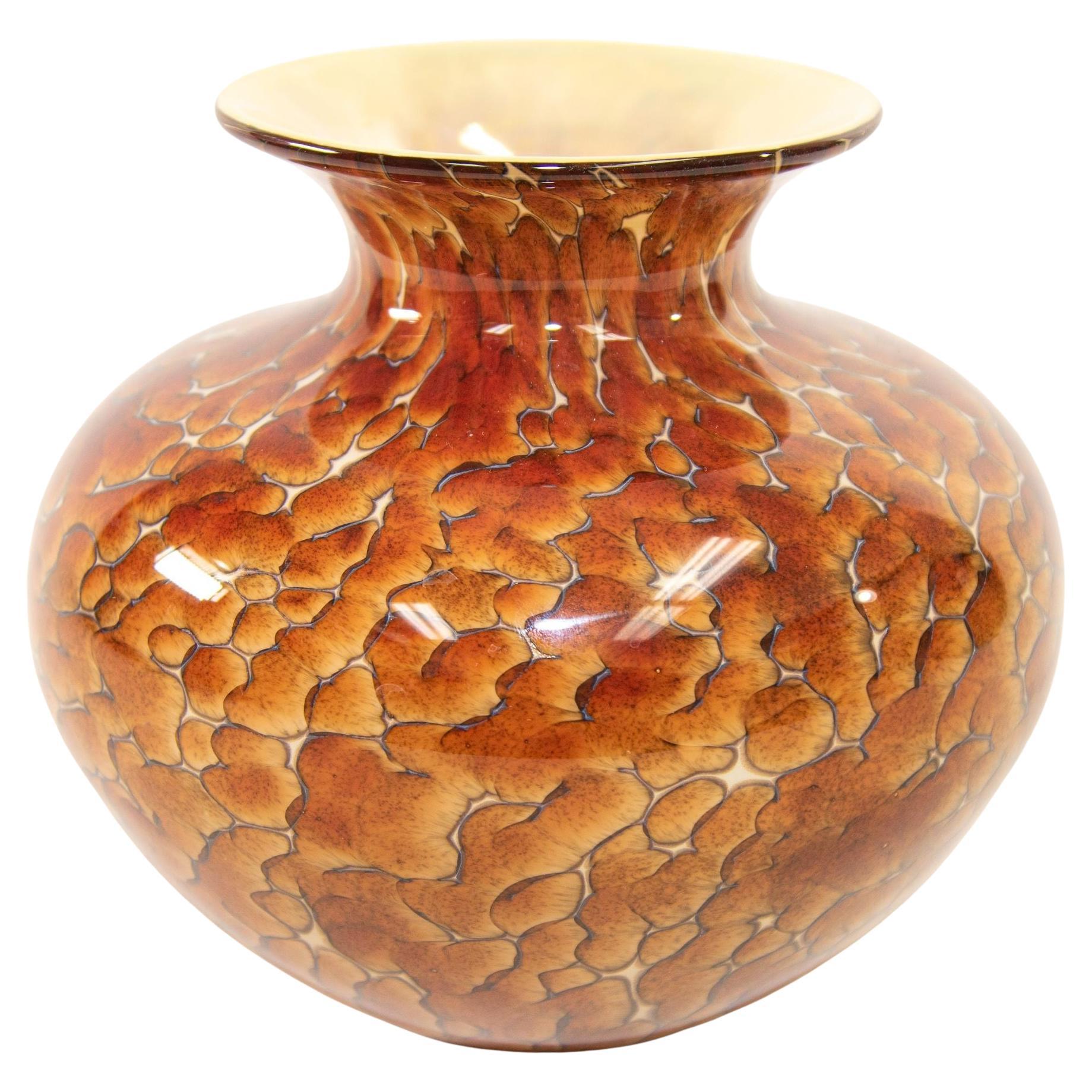 Murano Style Leopard Tortoise Brown and Beige Signed Art Glass Large Vase