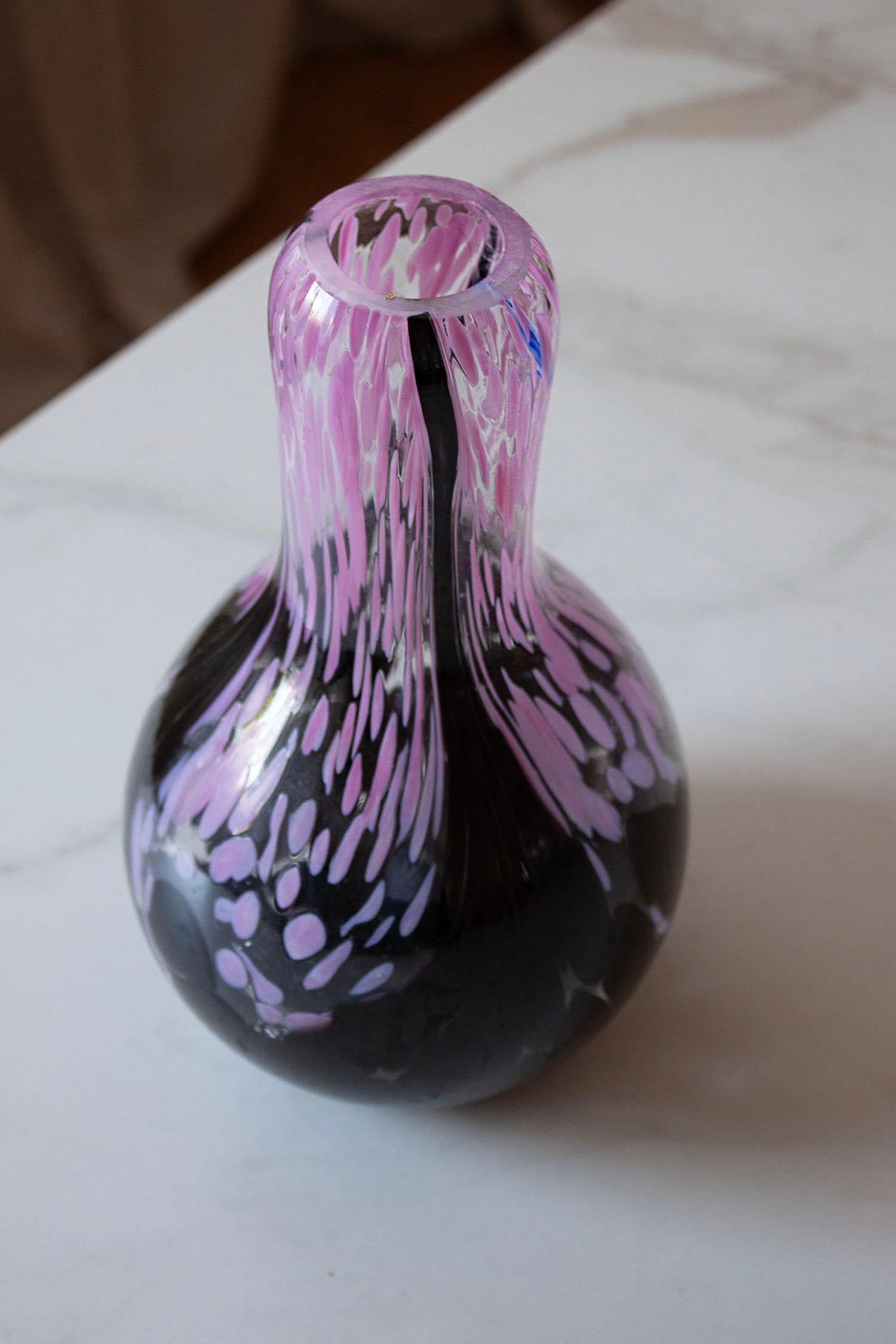 Hand-Crafted Murano-Style Pink and Black Art Glass Vase For Sale