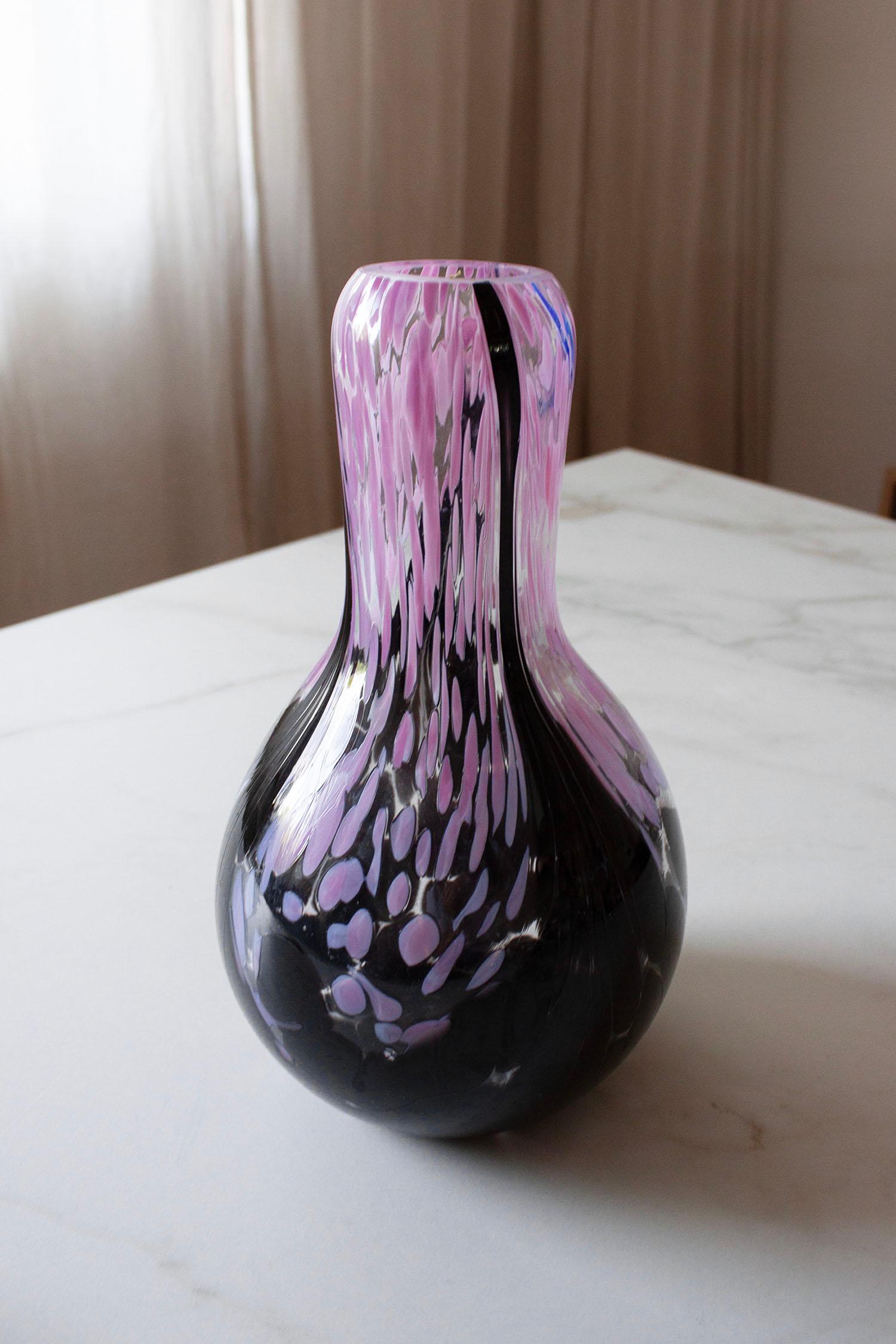 Crystal Murano-Style Pink and Black Art Glass Vase For Sale