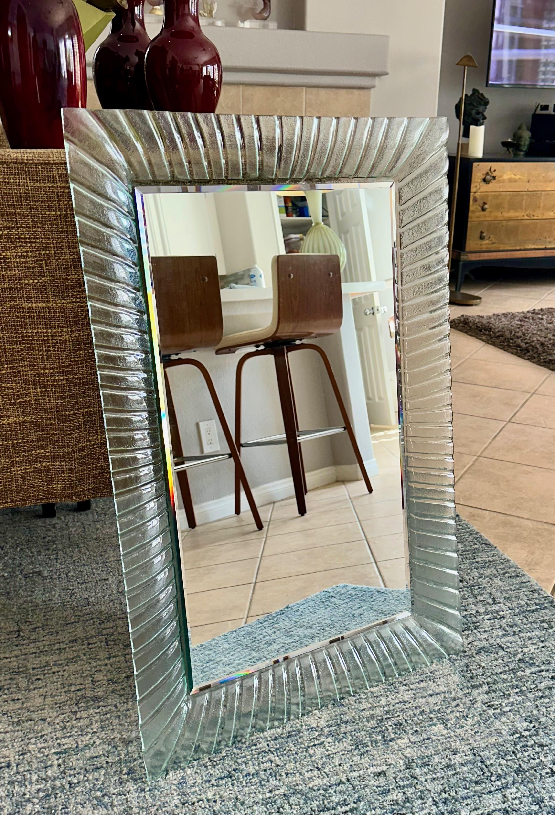 Murano Style Rectangular Undulating Molded Glass Frame Wall Mirror For Sale 4