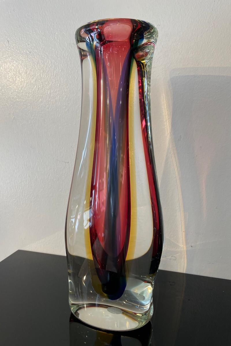 Murano four-color submerged glass vase, design by Flavio Poli for Venini, 1960s–1970s
Flavio Poli (1900–1984), a Venetian artist, is renowned for the excellence and refinement of his submerged glass creations. This vase, distinguished by its vibrant