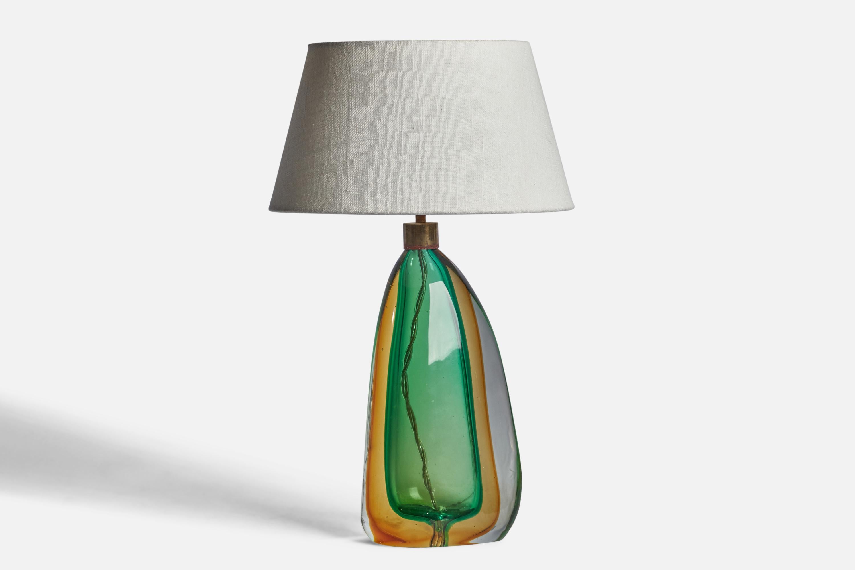 A green and orange-coloured blown glass and brass table lamp designed and produced in Murano, Italy, c. 1940s.

Dimensions of Lamp (inches): 13” H x 5.25” W x 3.75 D
Dimensions of Shade (inches): 7” Top Diameter x 10” Bottom Diameter x