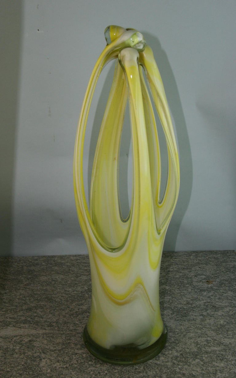 Murano Tall Hand Blown Yellow and White Art Glass Sculpture For Sale at