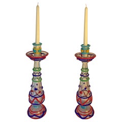 Murano Tall Pair of Masterwork Hand Blown Glass Candleholders, 1950