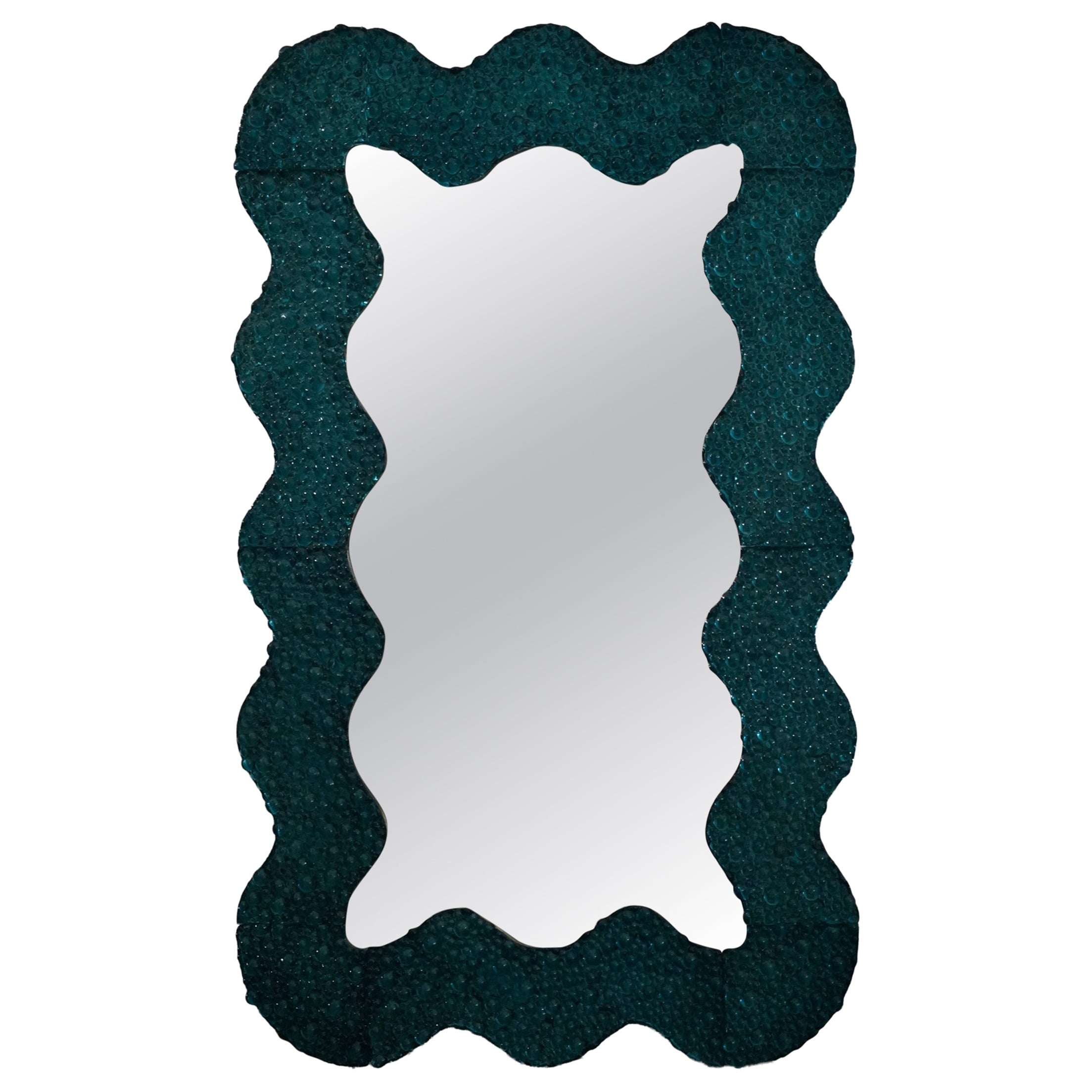 Murano Teal Color Art Glass and Brass Art Deco Console Wall Mirror, 2020