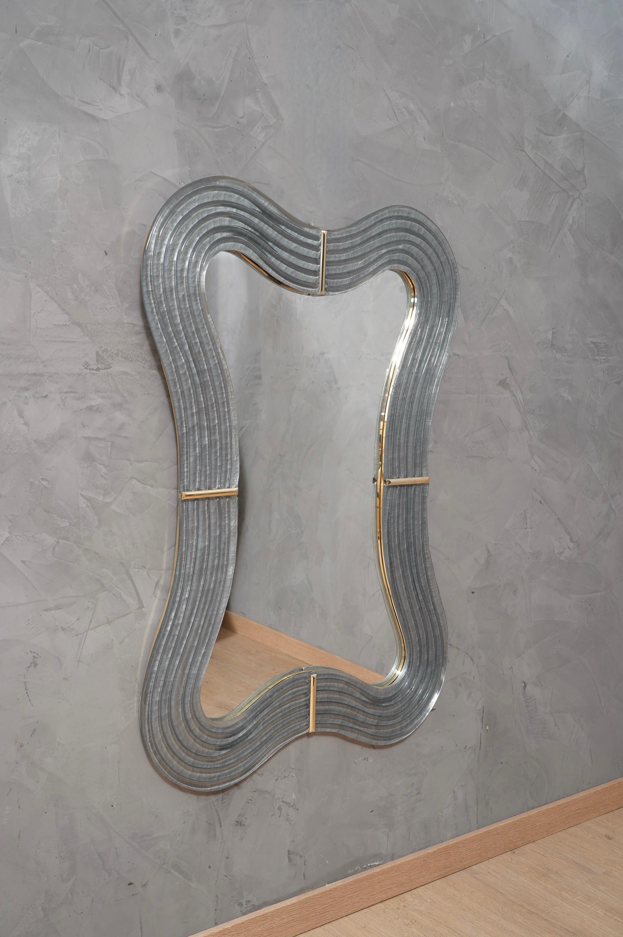 Mid-Century Modern Murano Teal Glass and Brass Wall Mirror, 1990