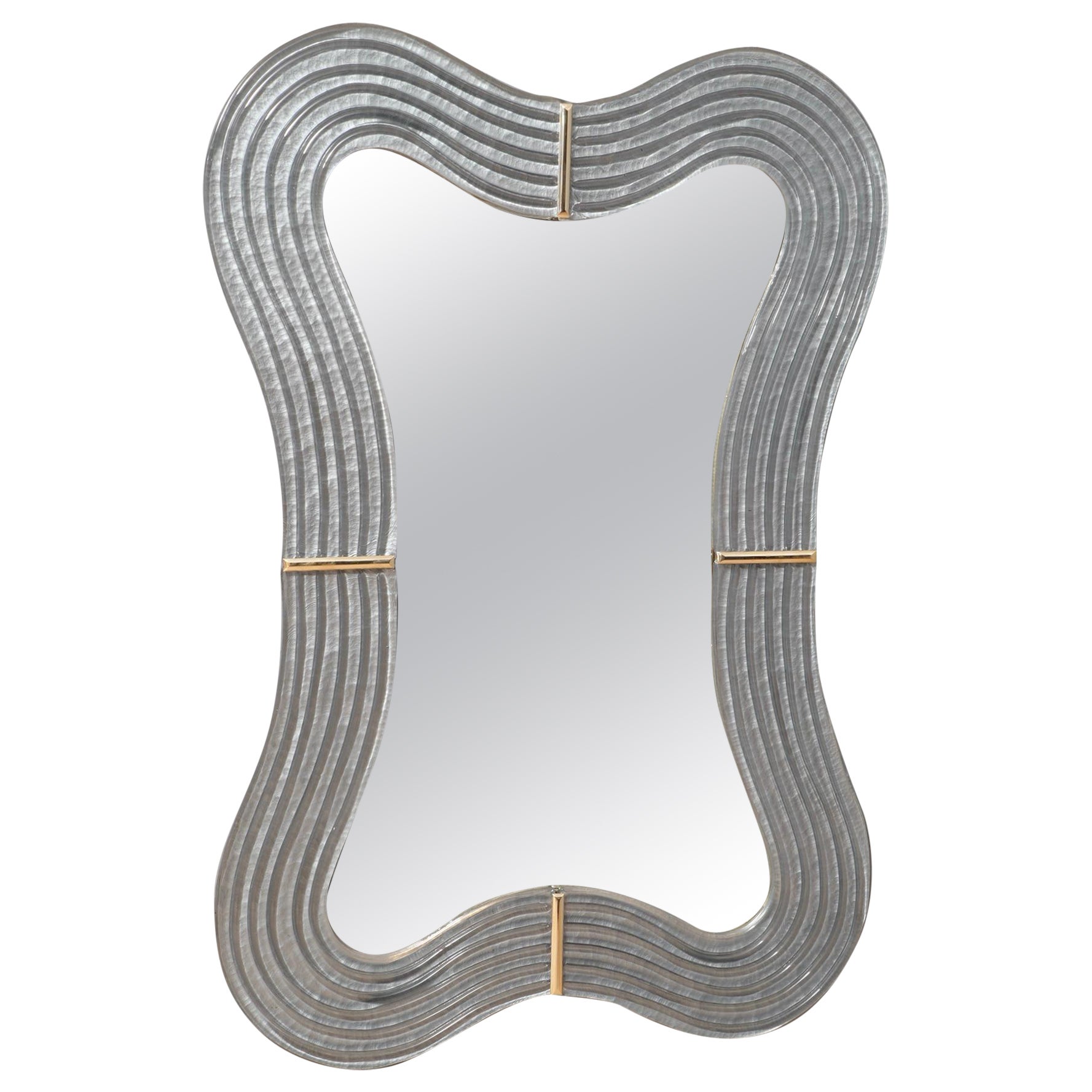 Murano Teal Glass and Brass Wall Mirror, 1990