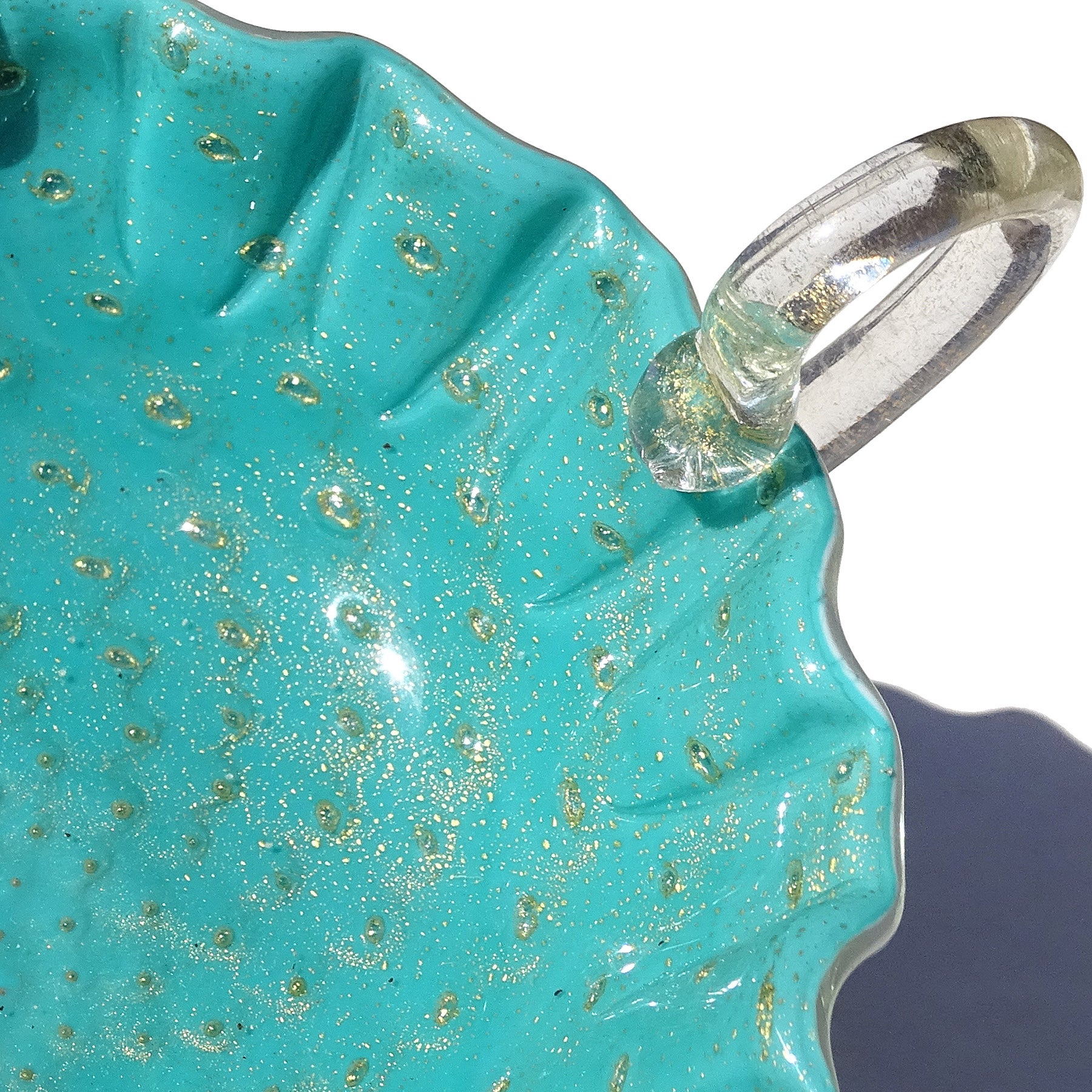 Italienische Schale mit gerafftem Rand aus Murano-Kunstglas in Teal mit Goldflecken und Blasenform und Griff im Zustand „Gut“ im Angebot in Kissimmee, FL