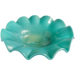 Murano Teal Green and Gold Flecks Italian Art Glass Footed Centerpiece Bowl