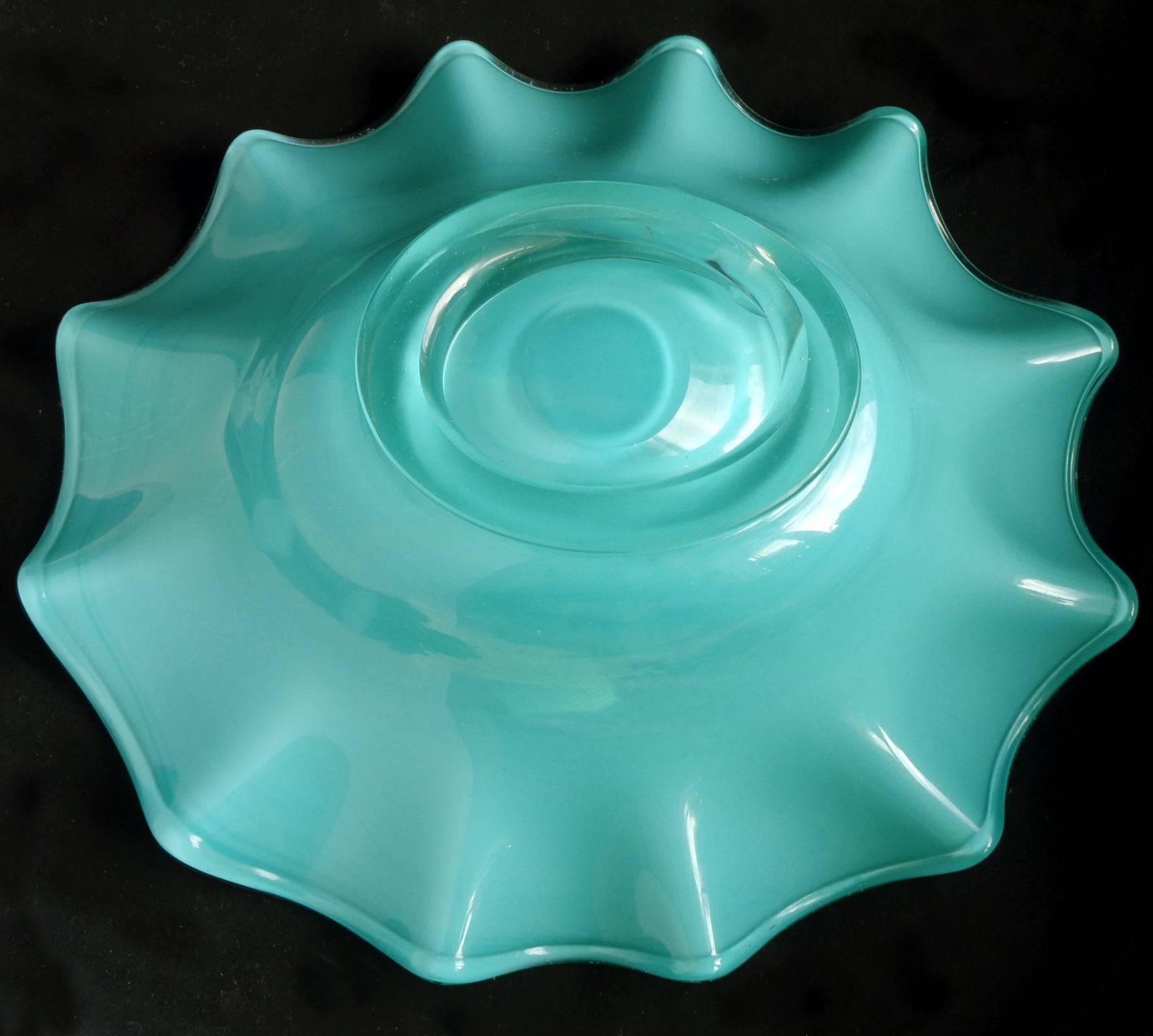 Hand-Crafted Murano Teal Green and Gold Flecks Italian Art Glass Footed Centerpiece Bowl For Sale