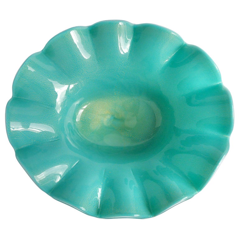 Murano Teal Green and Gold Flecks Italian Art Glass Footed Centerpiece Bowl For Sale