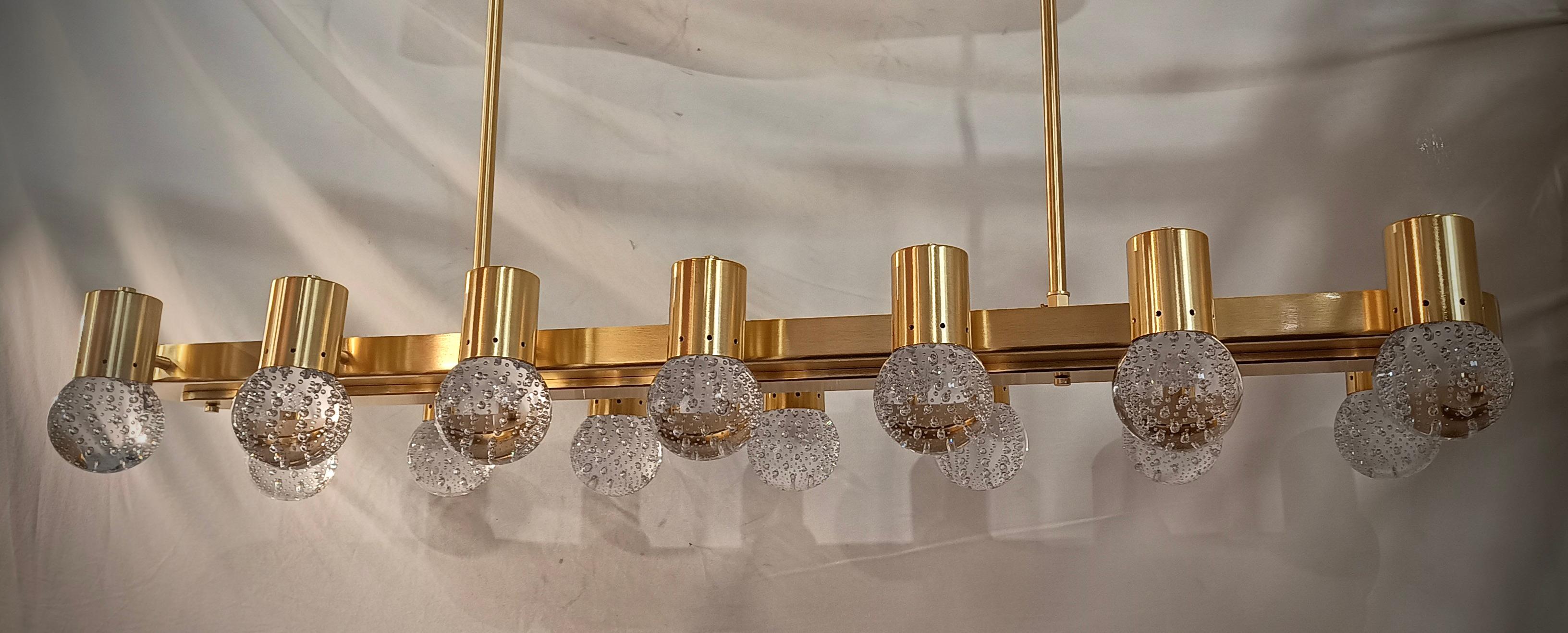 Mid-Century Modern Murano Transparent Art Glass and Brass Chandelier and Pendants, 2020 For Sale
