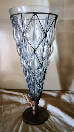 Murano Transparent Glass Vase Blown in Metal Cage