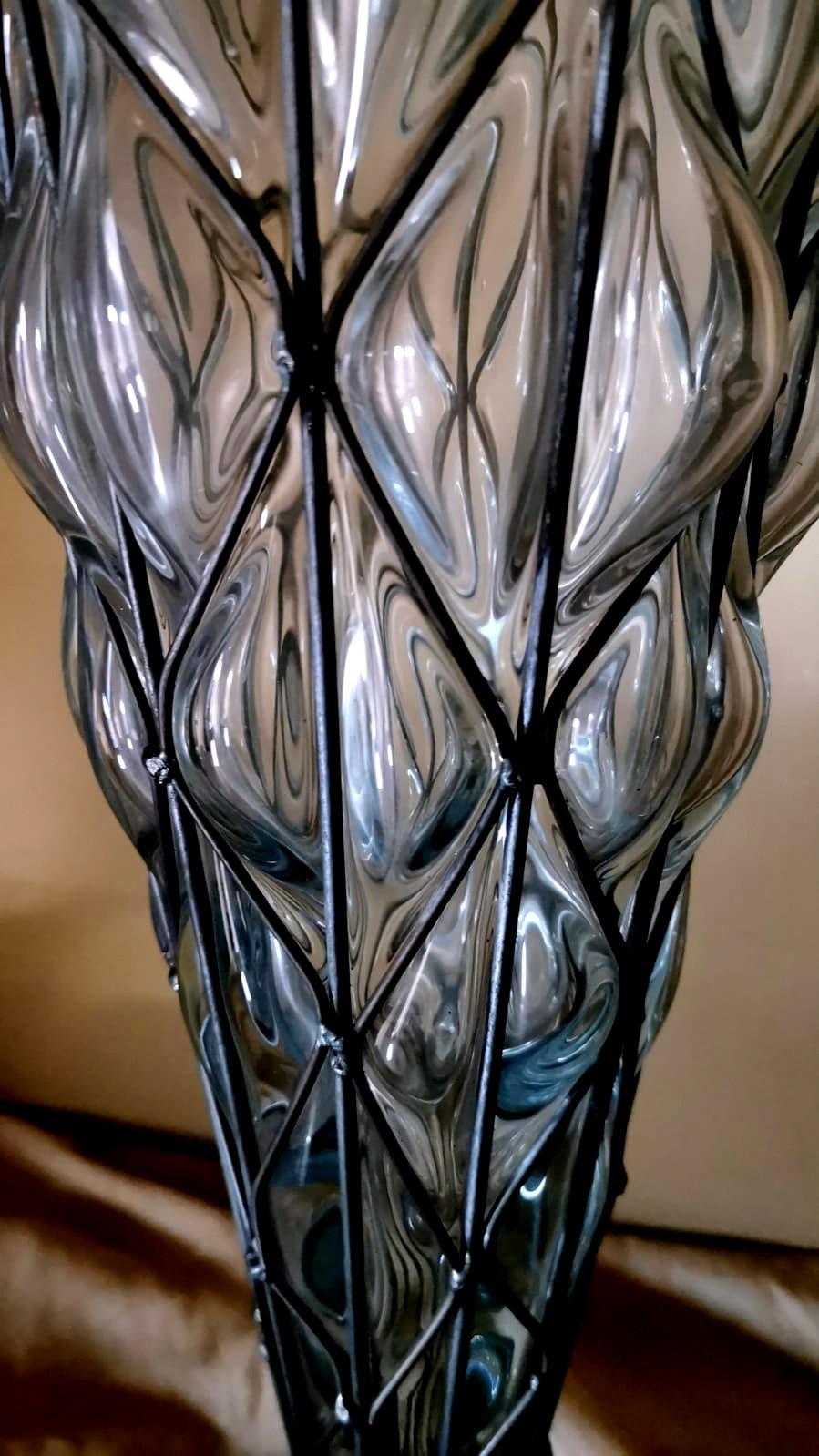 Hand-Crafted Murano Transparent Glass Vase Blown in Metal Cage