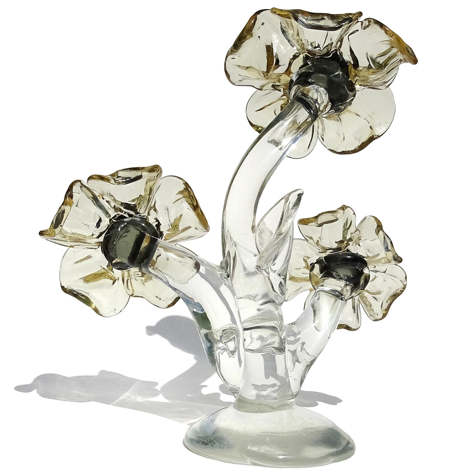 20th Century Murano Transparent Yellow to Green Flowers Italian Art Glass Plant Sculpture For Sale