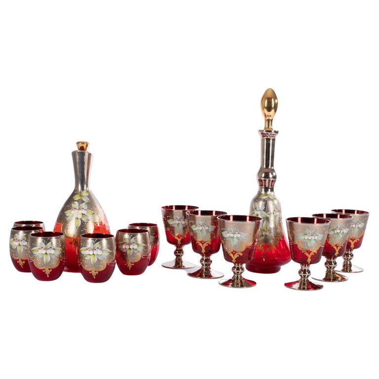 Murano Tre Fuochi 2 Sets Collection: 6 Goblers 6 Tumblers 2 Bottles Cloisonet For Sale