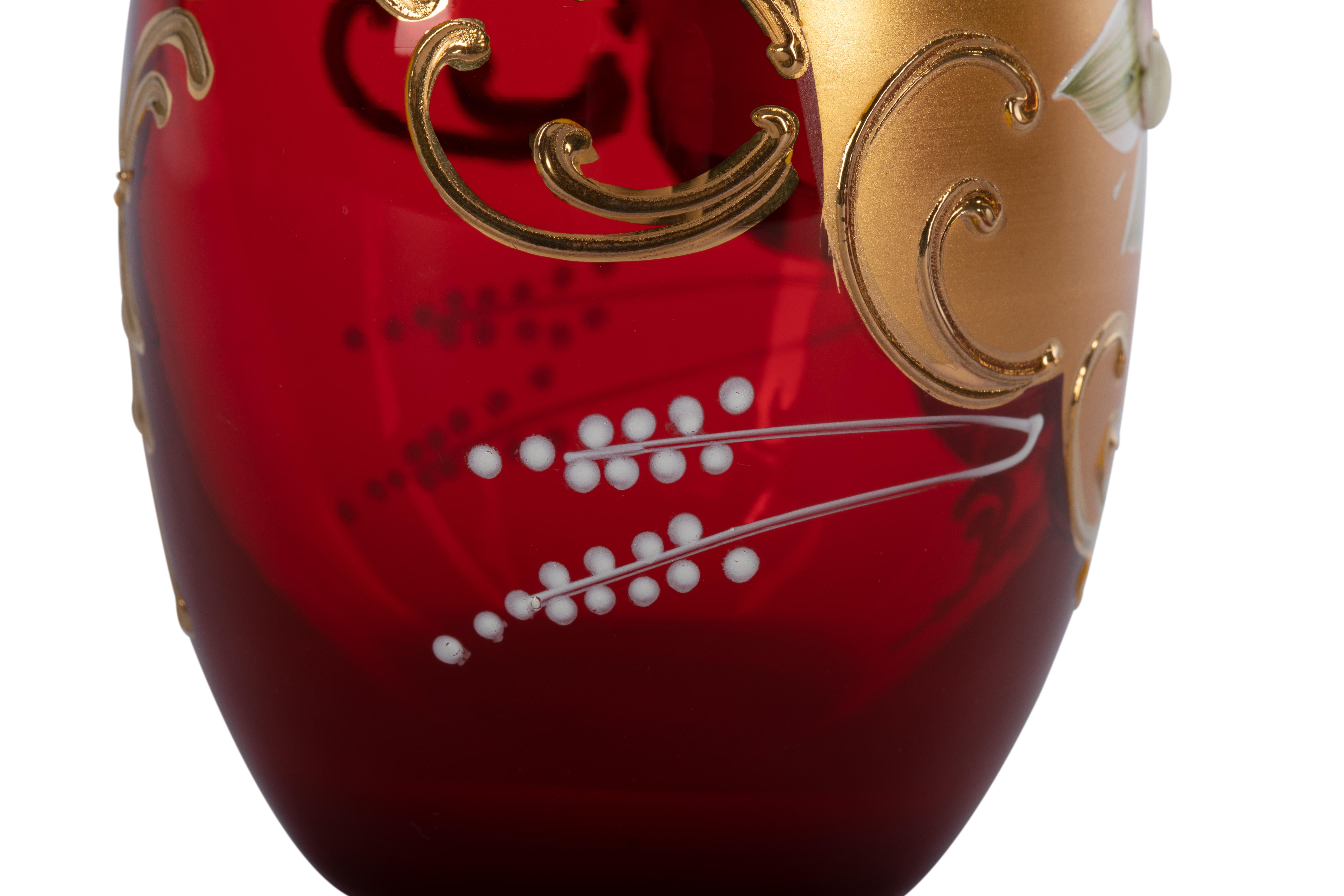 Italian Murano Tre Fuochi Set 12 Glasses, Hand Decored Tumblers and 2 Bottle Cloisonne For Sale